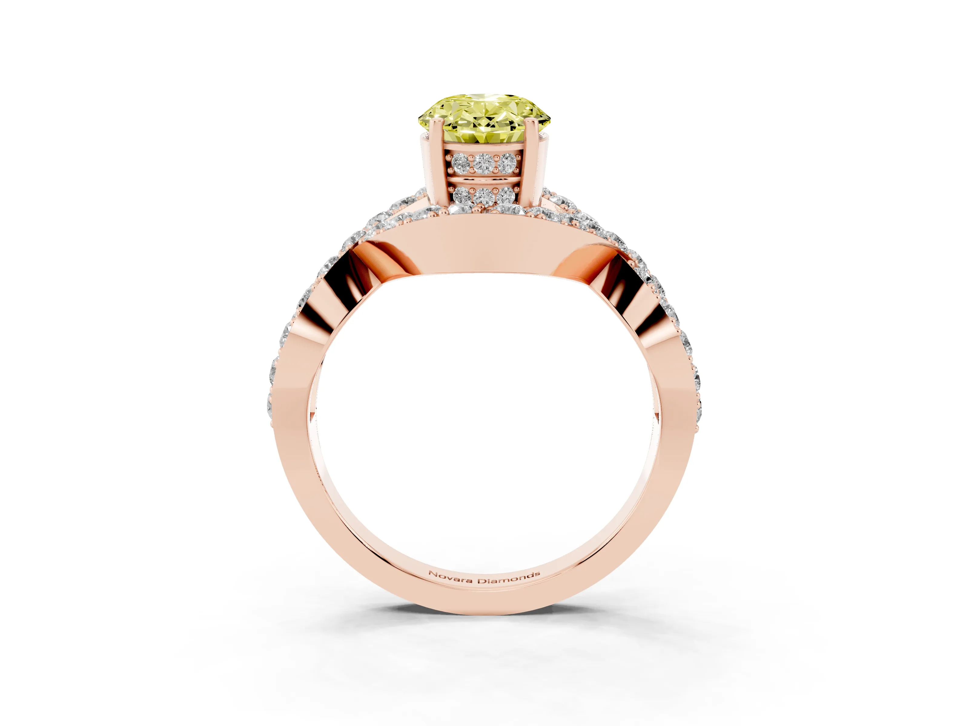Fancy Yellow Oval Cut Diamond Solitaire Twist Band Pavé Engagement Ring Set in Rose gold