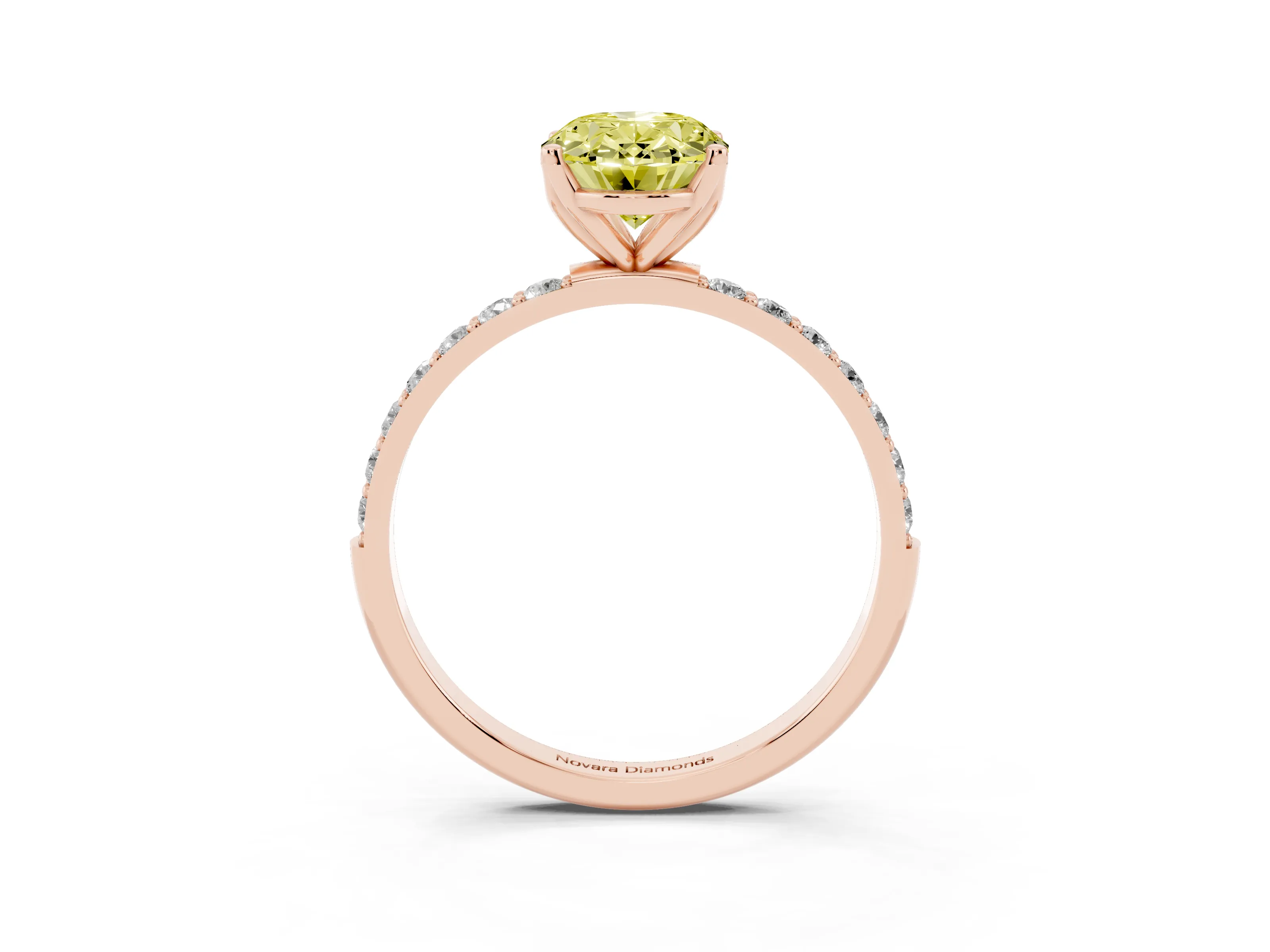 Fancy Yellow Oval Cut Diamond Solitaire Engagement Ring Set in Rose gold with Round Pavé Band and Prong Setting