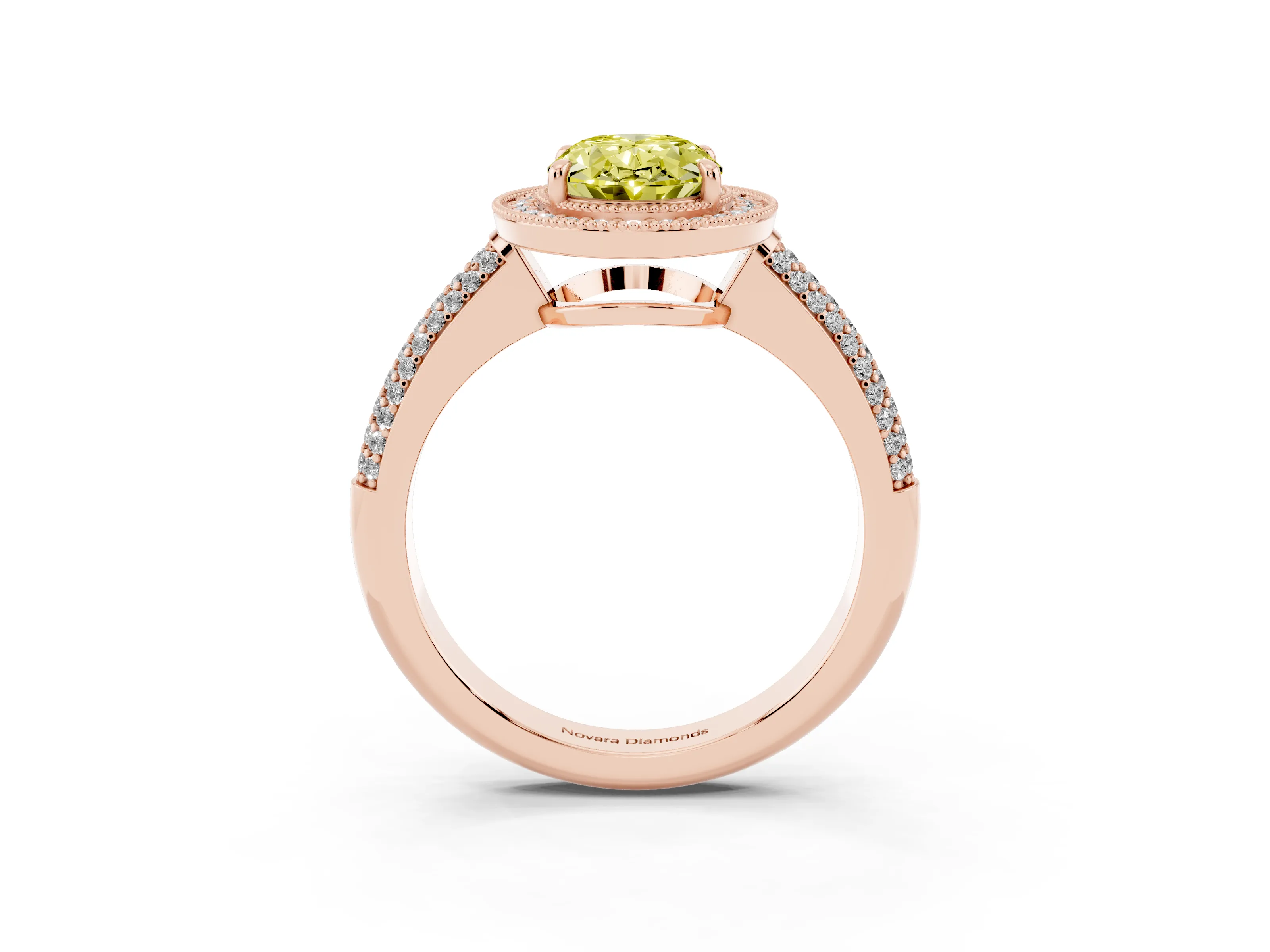 Fancy Yellow Oval Cut Diamond Halo Pavé Band Set in Rose gold with Prong Setting