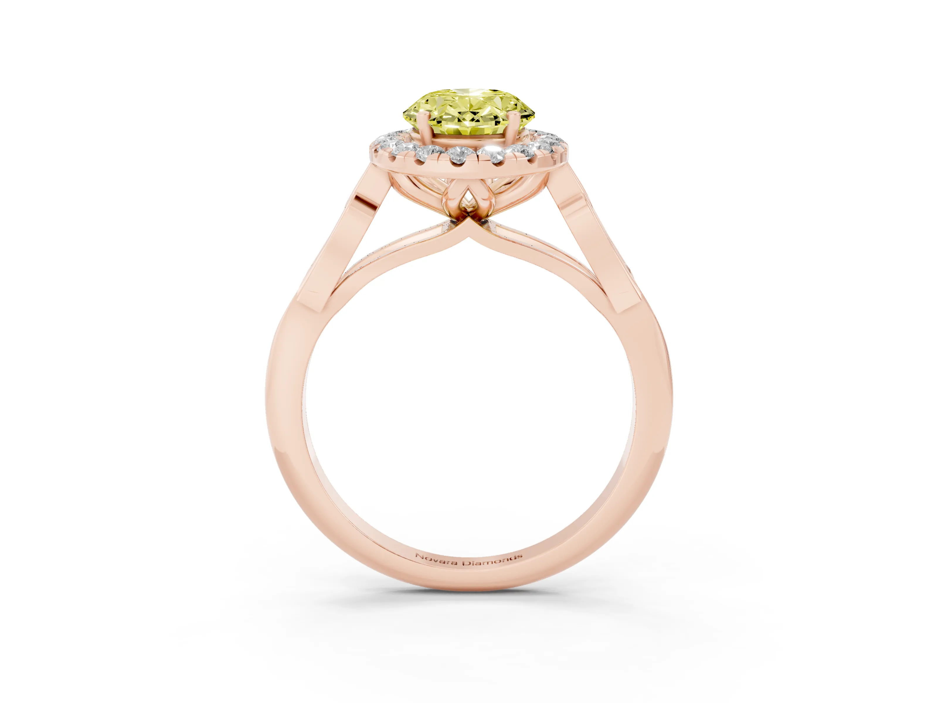 Fancy Yellow Oval Cut Diamond Halo Engagement Ring Set in Rose gold with Filigree Band and Prong-Set Center