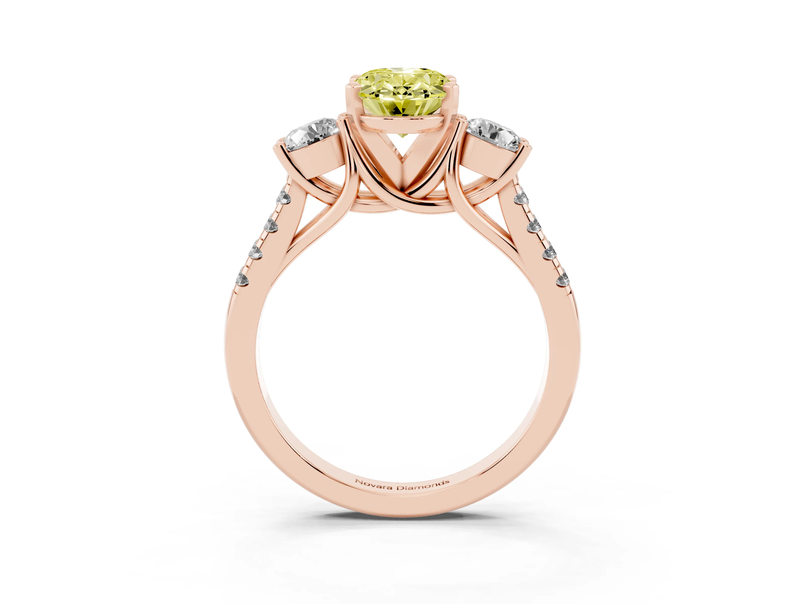 Fancy Yellow Three-Stone Oval Cut Diamond Pavé Band Ring Set in Rose gold with Prong-Set Trio