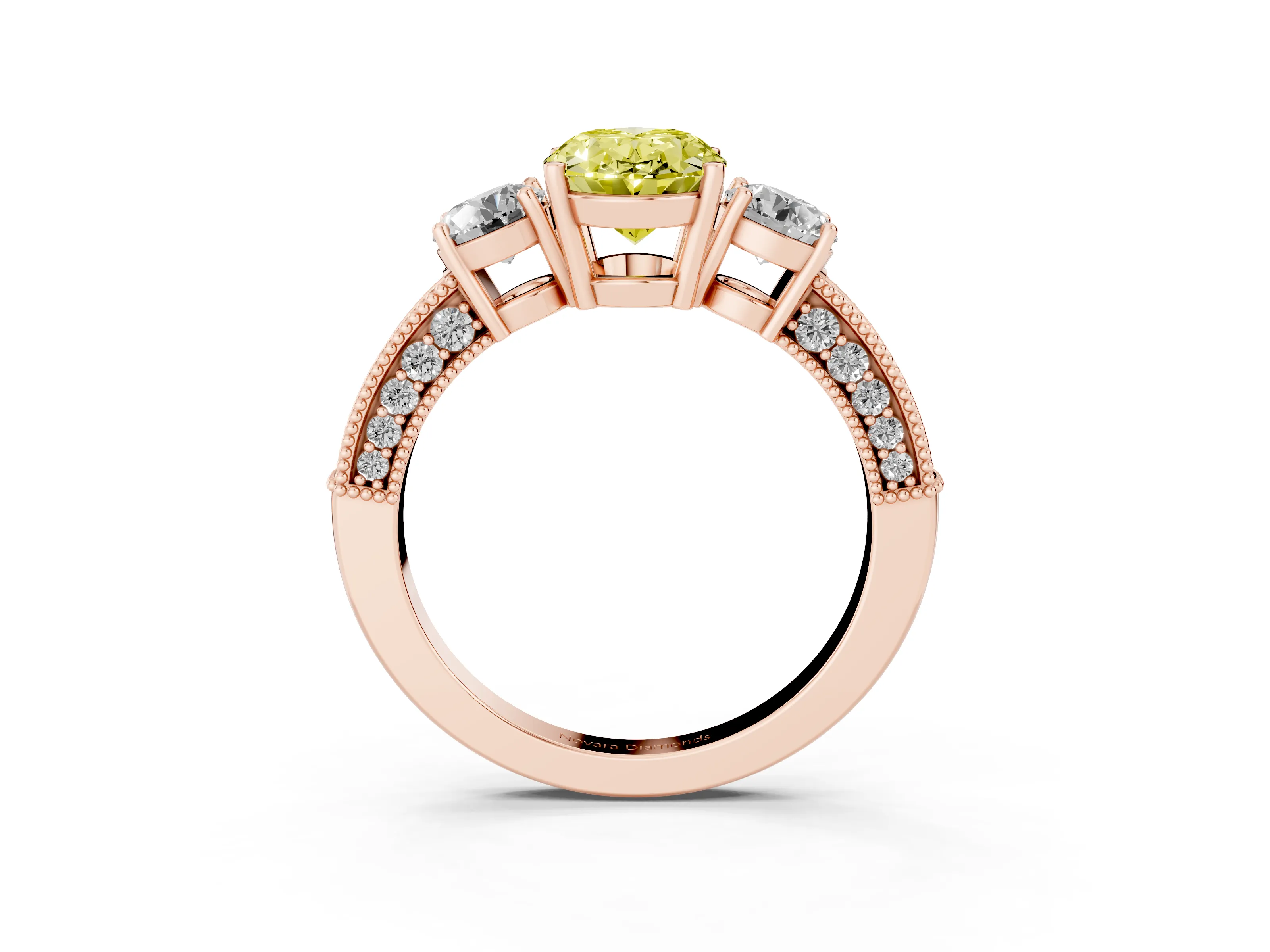 Fancy Yellow Oval Cut Diamond Three-Stone Ring Set in Rose gold with Round Side Stones and Pavé Band