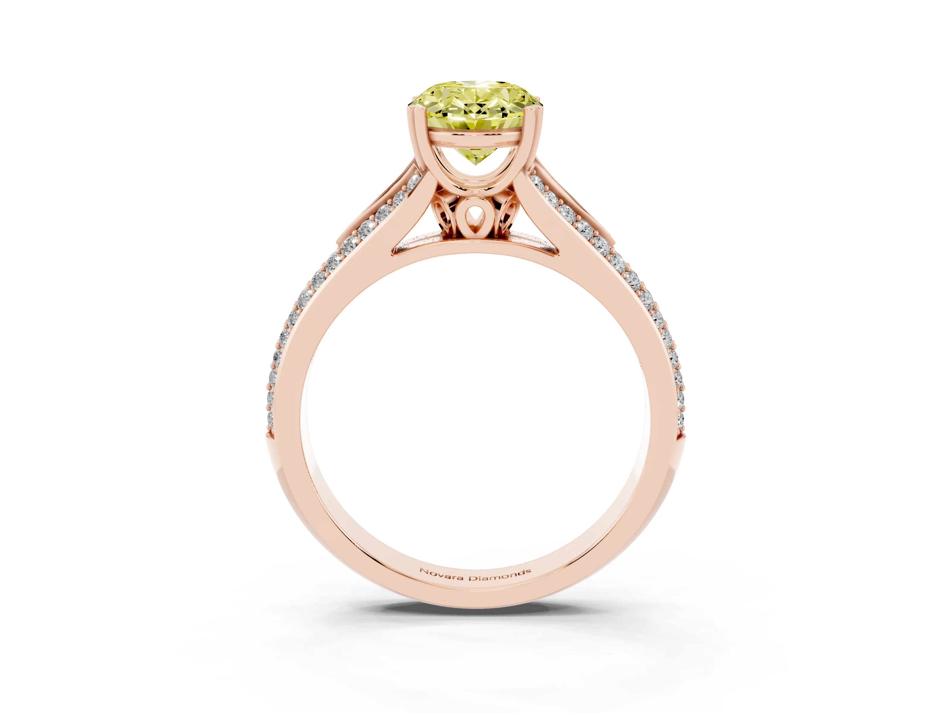 Fancy Yellow Oval Cut Diamond Split Shank Pavé Engagement Ring Set in Rose gold with Prong-Set Center Stone