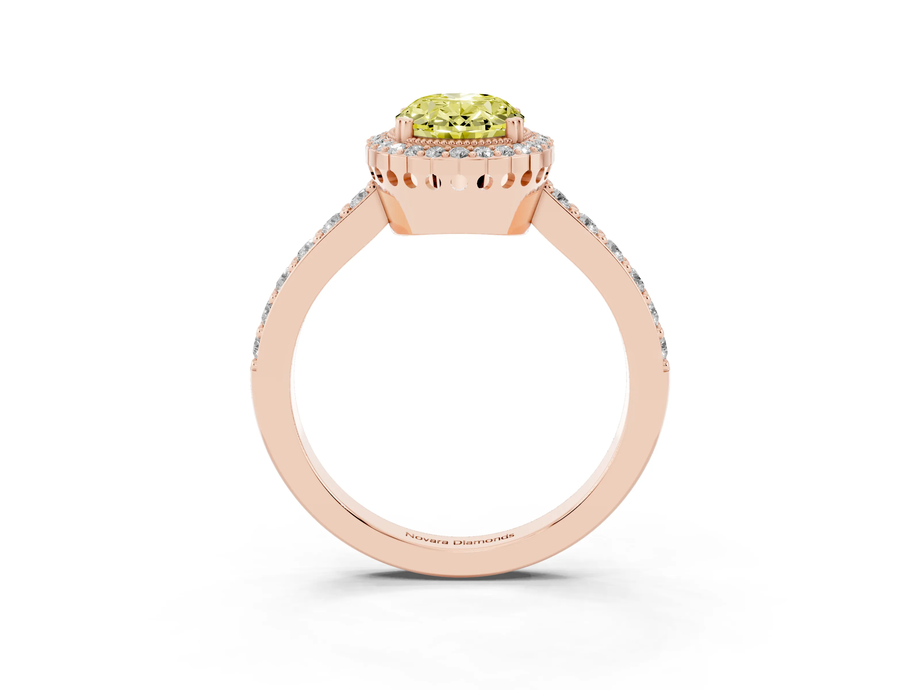 Fancy Yellow Oval Cut Diamond Halo Engagement Ring Set in Rose gold with Milgrain Detail and Pavé Band