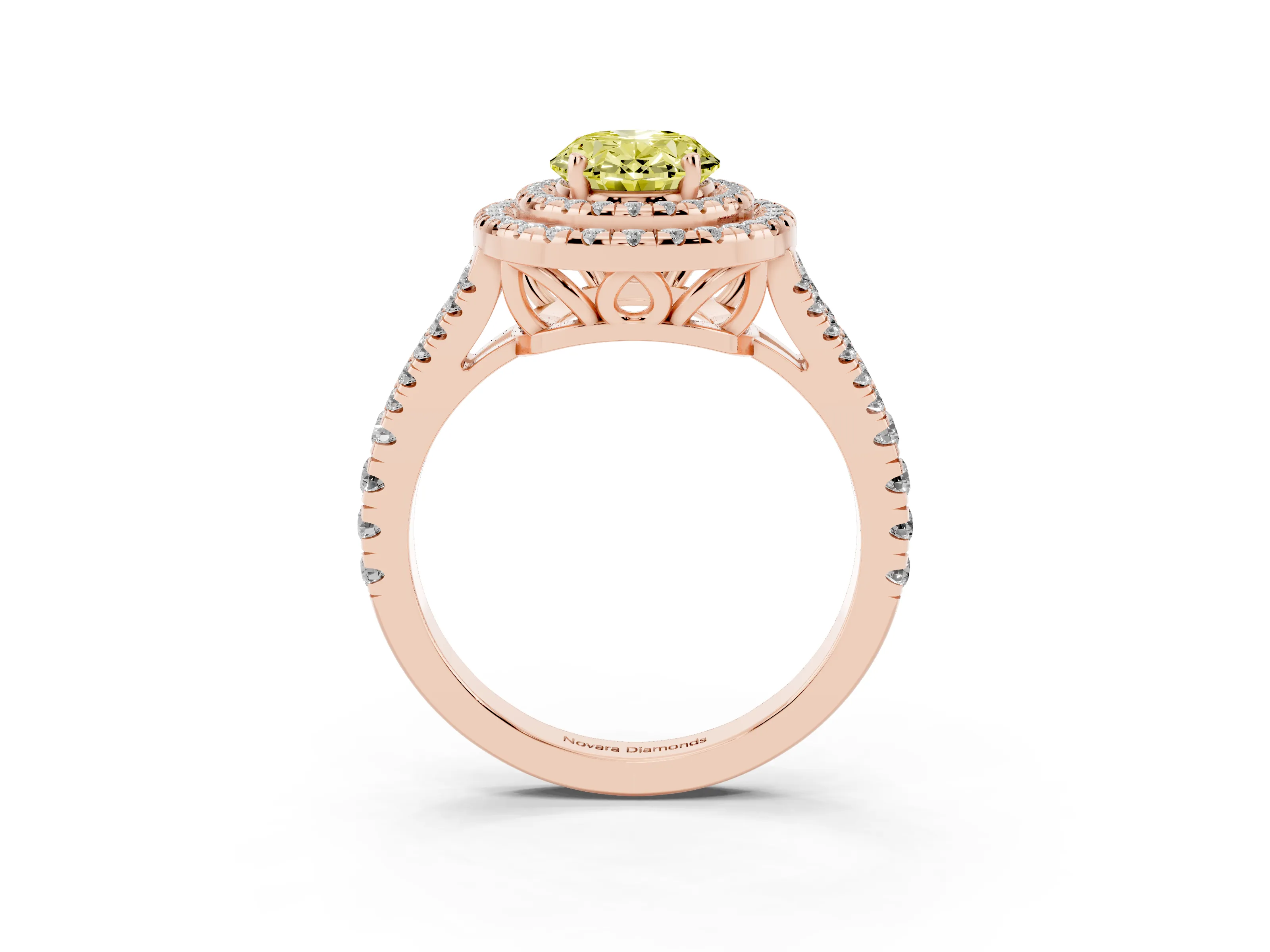 Fancy Yellow Oval Cut Diamond Double Halo Ring Set in Rose gold with Pavé Band