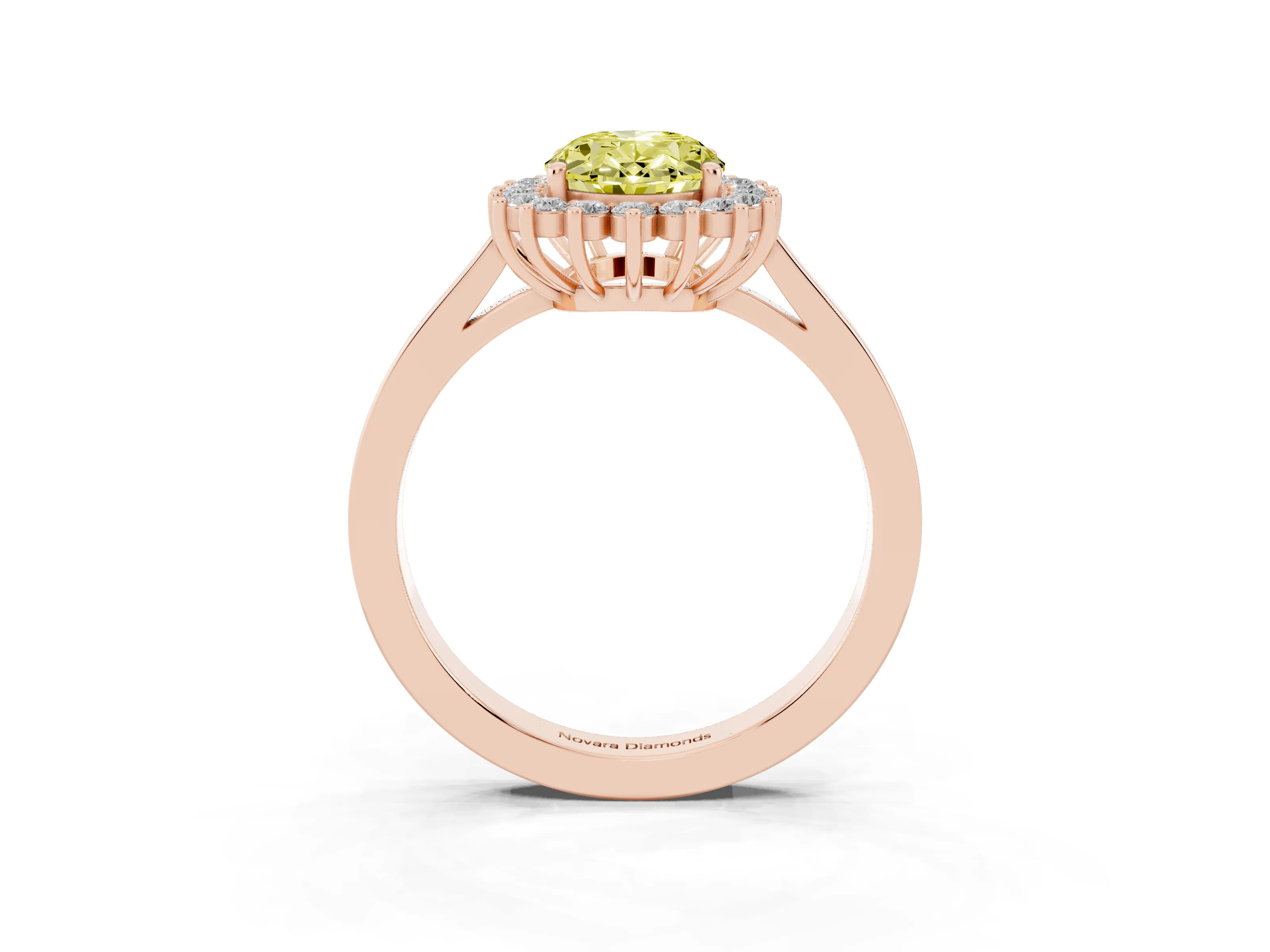 Fancy Yellow Oval Cut Diamond Halo Ring Set in Rose gold with Round Halo and Smooth Solitaire Band