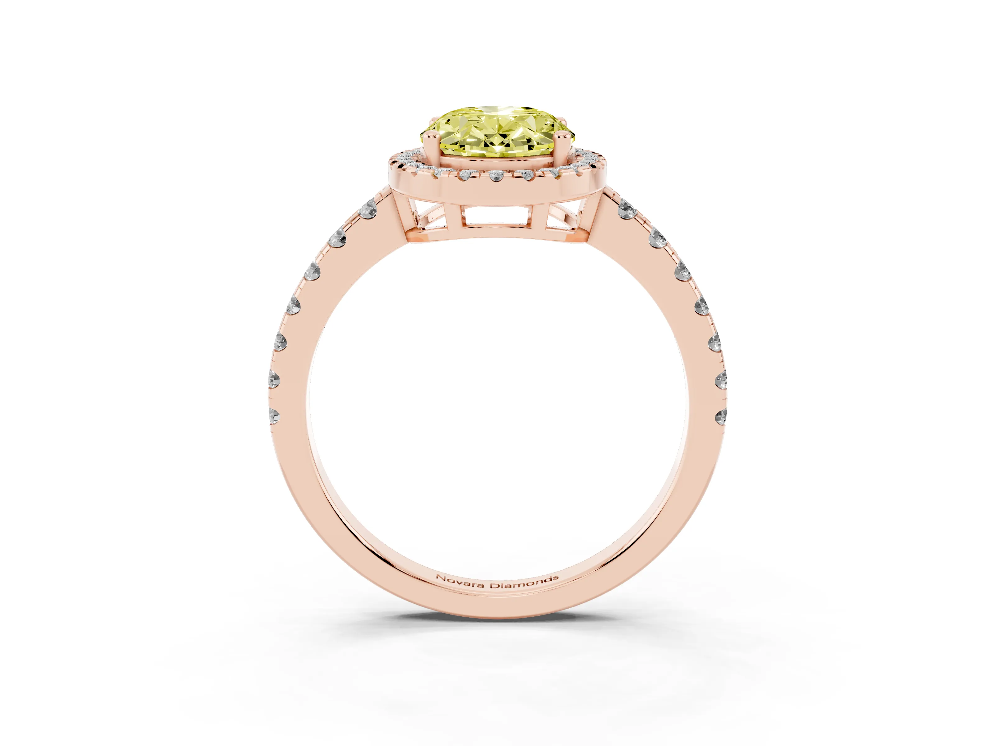 Fancy Yellow Oval Cut Diamond Halo Ring Set in Rose gold with Delicate Pavé Band and Prong Setting