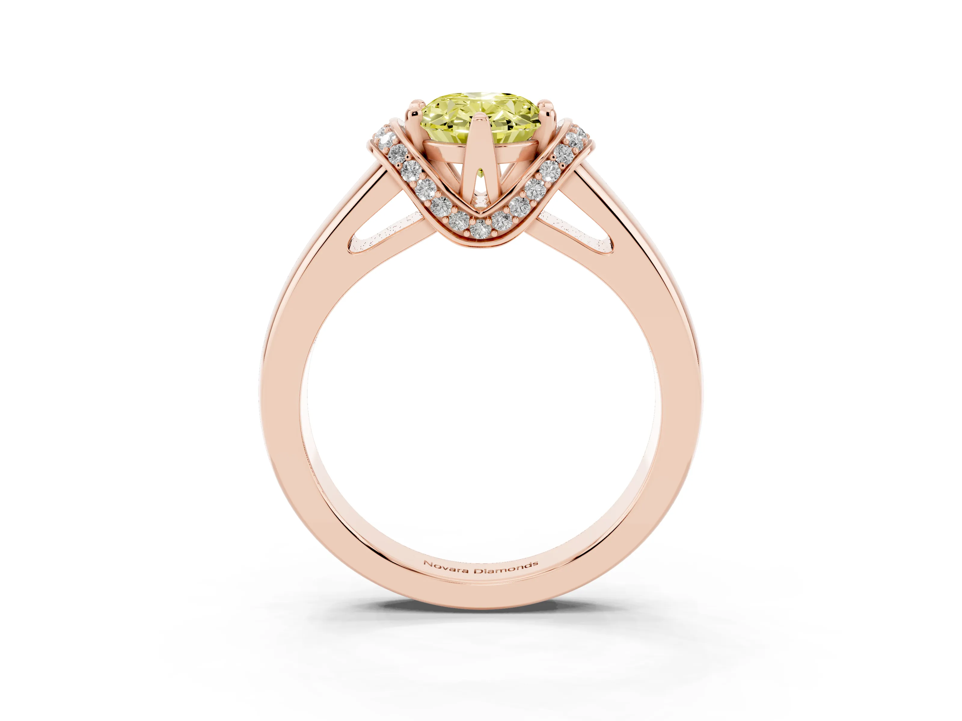 Fancy Yellow Oval Cut Diamond Pavé Band Solitaire Ring Set in Rose gold with Prong Setting