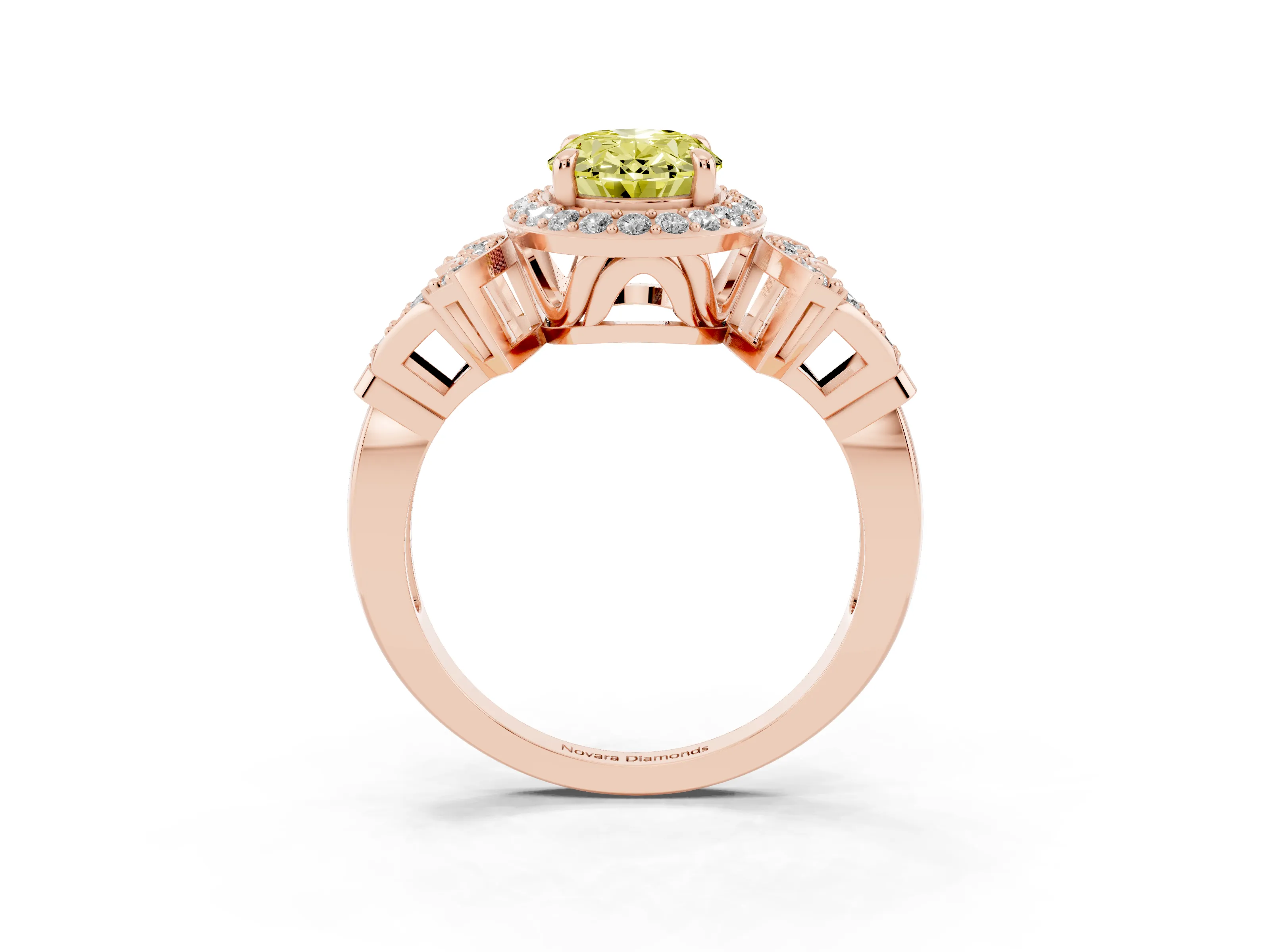 Fancy Yellow Oval Cut Diamond Halo Engagement Ring Set in Rose gold with Accent Stone Split Shank
