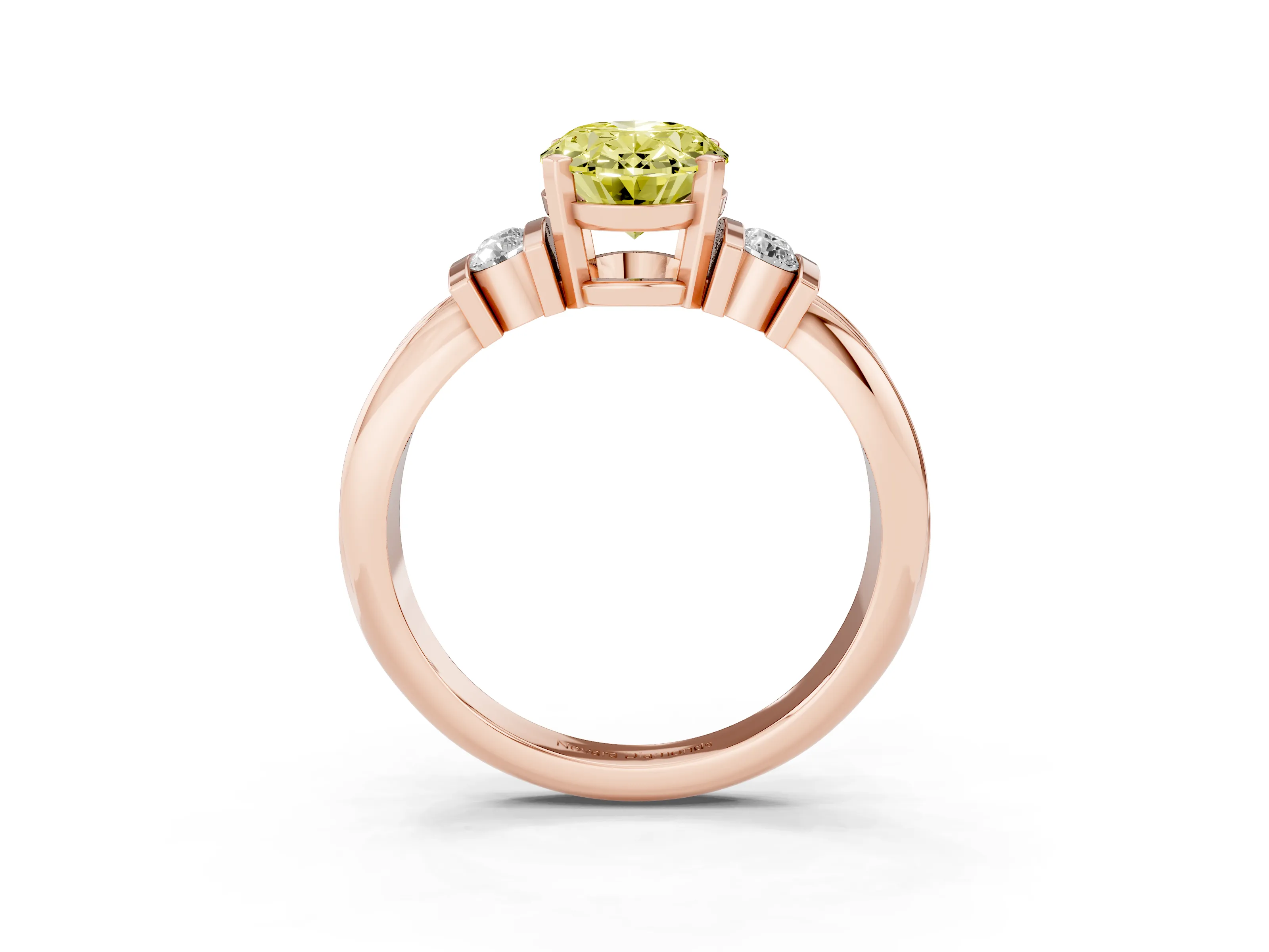 Fancy Yellow Three-Stone Oval Cut Diamond Channel Set Ring Set in Rose gold with Bar Prongs