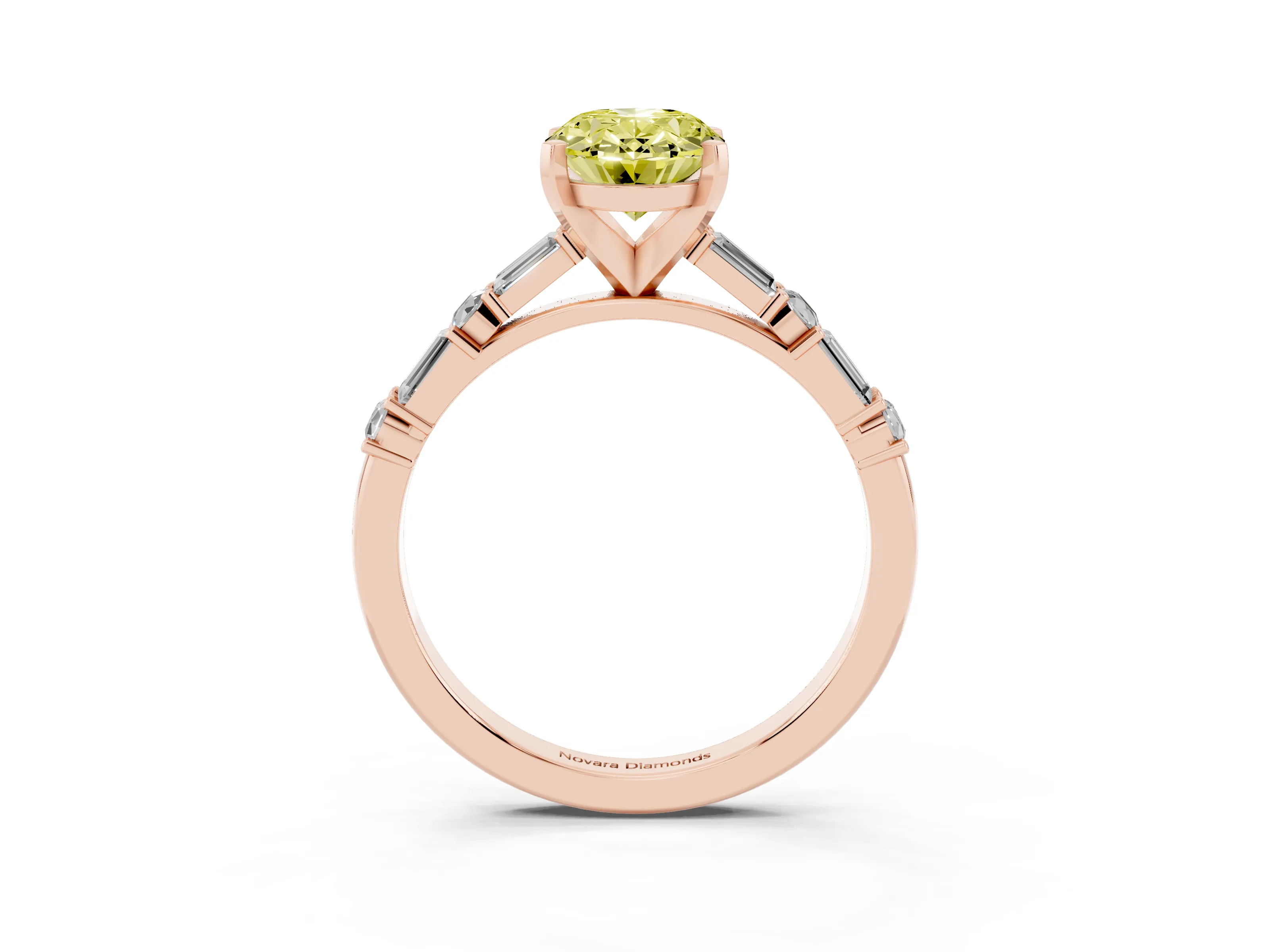 Fancy Yellow Oval Cut Diamond Solitaire Set in Rose gold with Side Baguettes and Channel Set Band