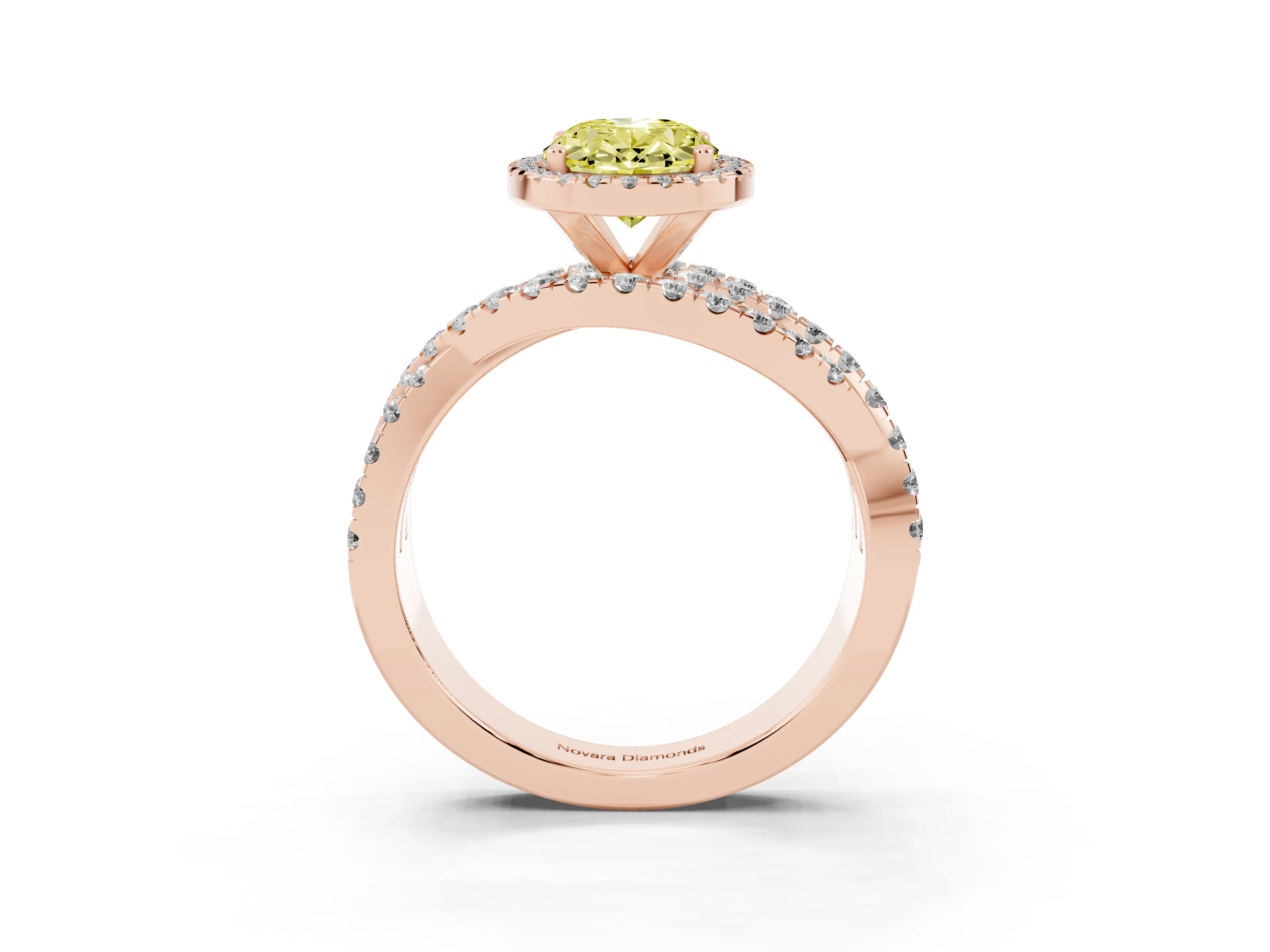 Fancy Yellow Oval Cut Diamond Halo Ring Set in Rose gold with Round Crossover Split Shank and Prong Setting