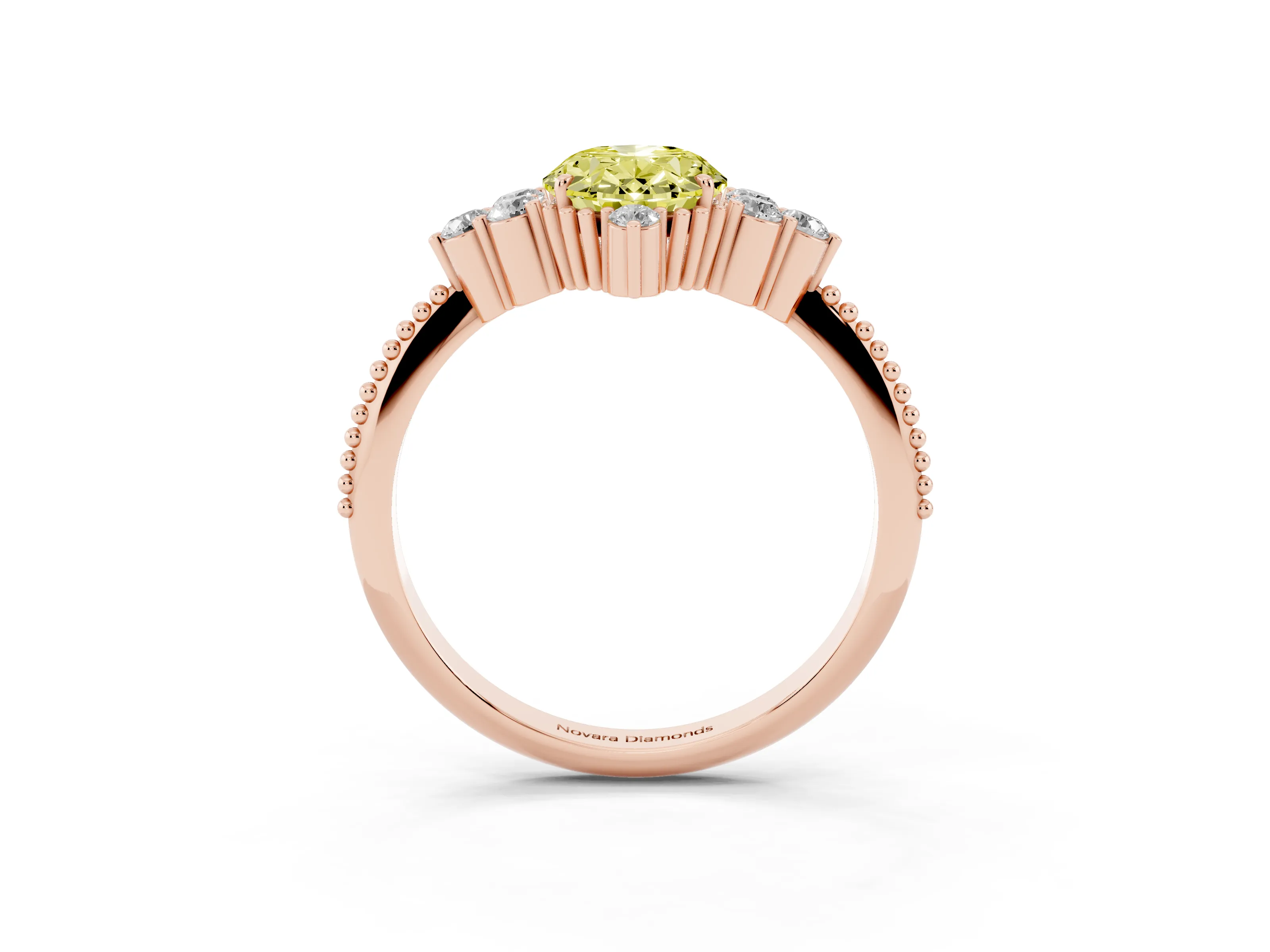 Fancy Yellow Oval Cut Diamond Cluster Ring Set in Rose gold with Beaded Band