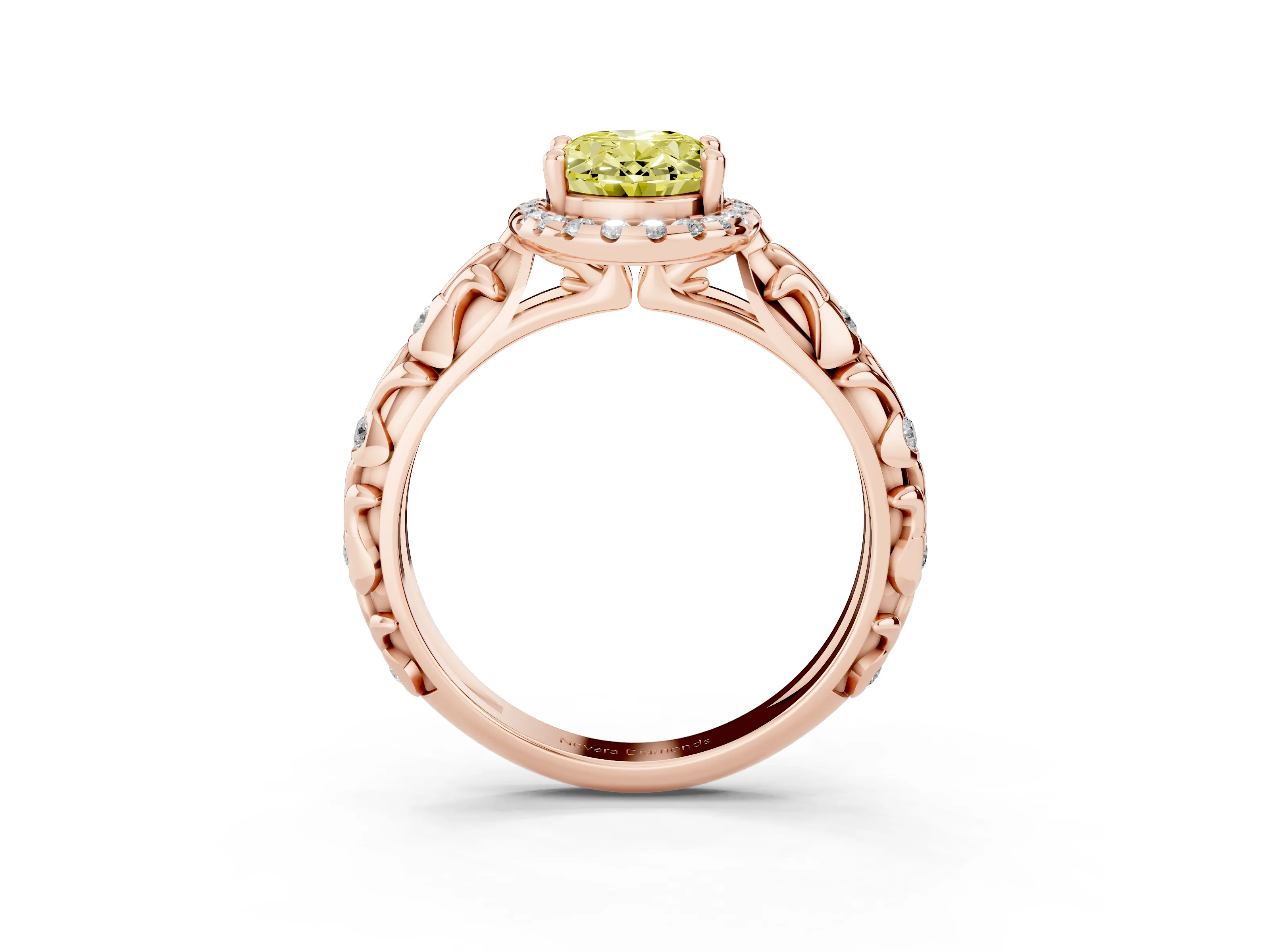Fancy Yellow Oval Cut Diamond Halo Ring Set in Rose gold with Filigree Leaf Band and Prong Setting