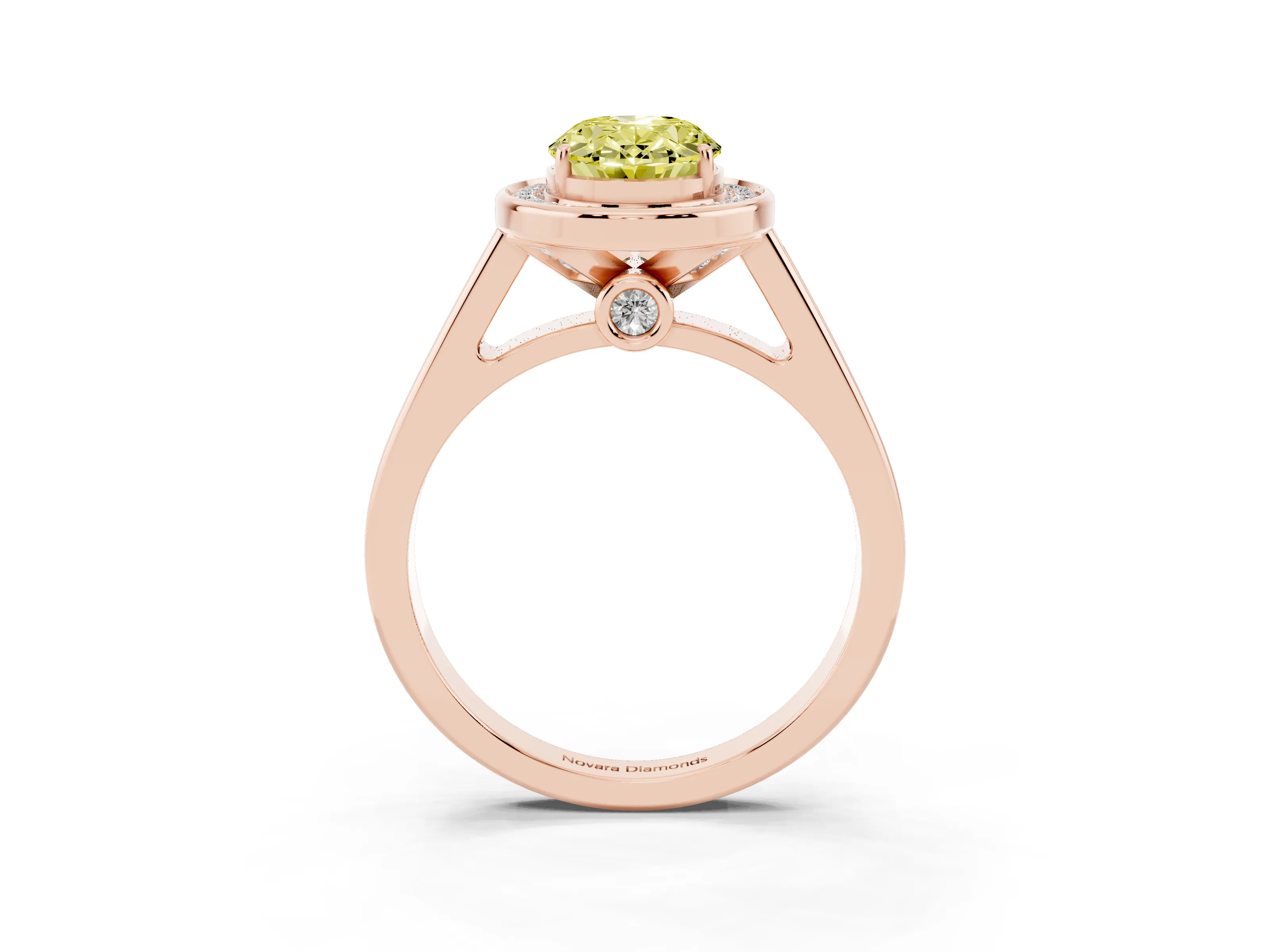 Fancy Yellow Oval Cut Diamond Halo Solitaire Ring Set in Rose gold with Pavé Band and Bezel Setting
