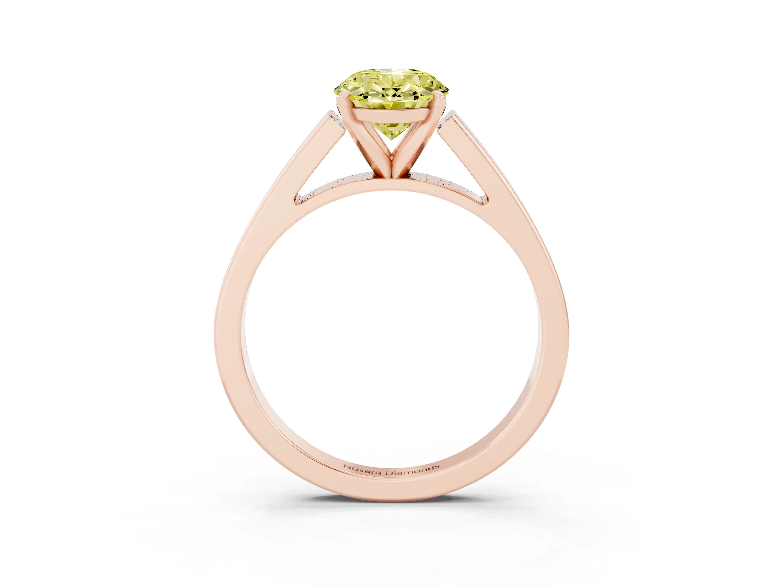 Fancy Yellow Oval Cut Diamond Solitaire Engagement Ring Set in Rose gold with Prong Setting and Tapered Band