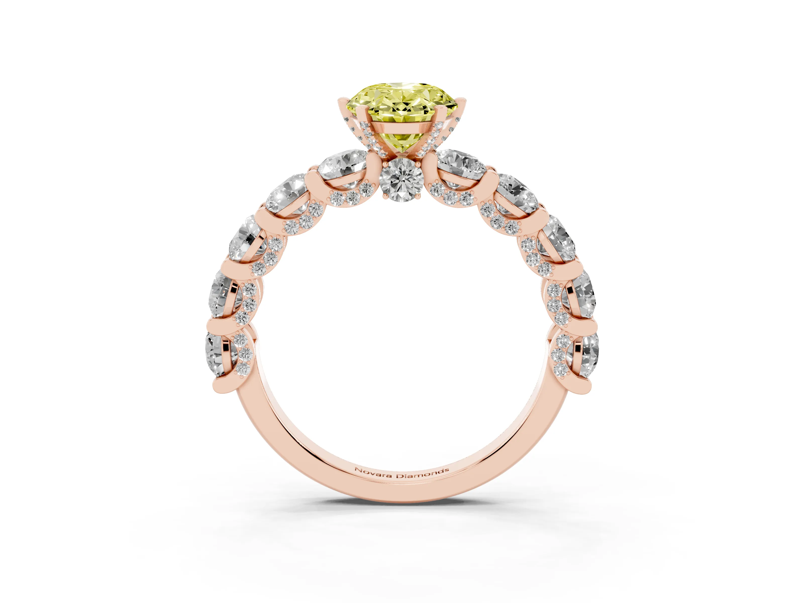 Fancy Yellow Oval Cut Diamond Side Stone Ring Set in Rose gold with Alternating Round and Oval Side Stones