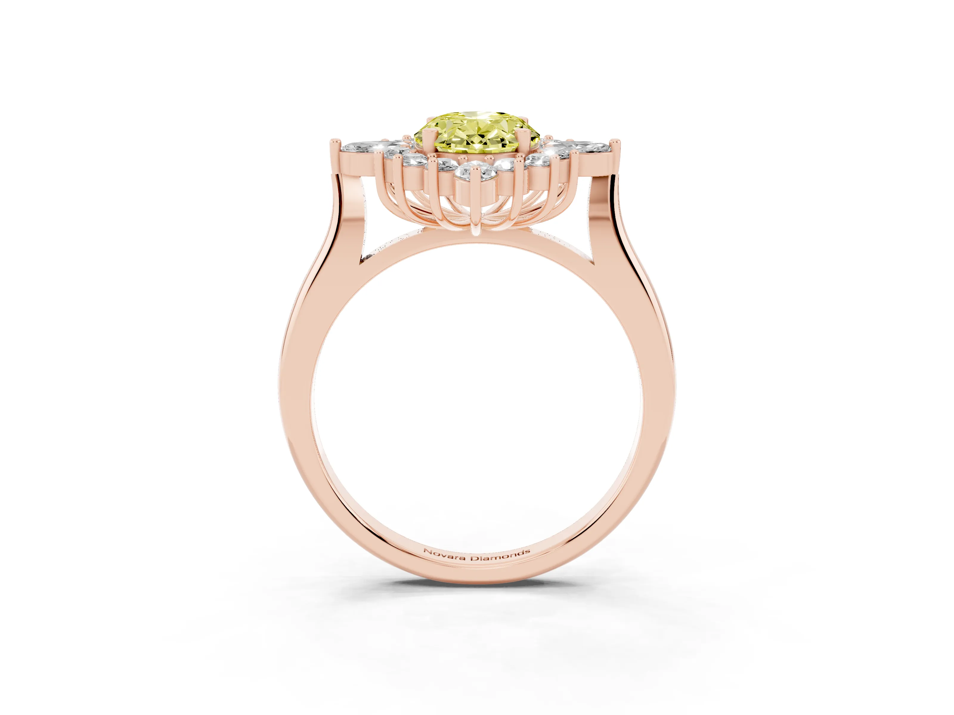 Fancy Yellow Oval Cut Diamond Cluster Halo Ring Set in Rose gold with Marquise and Round Accents