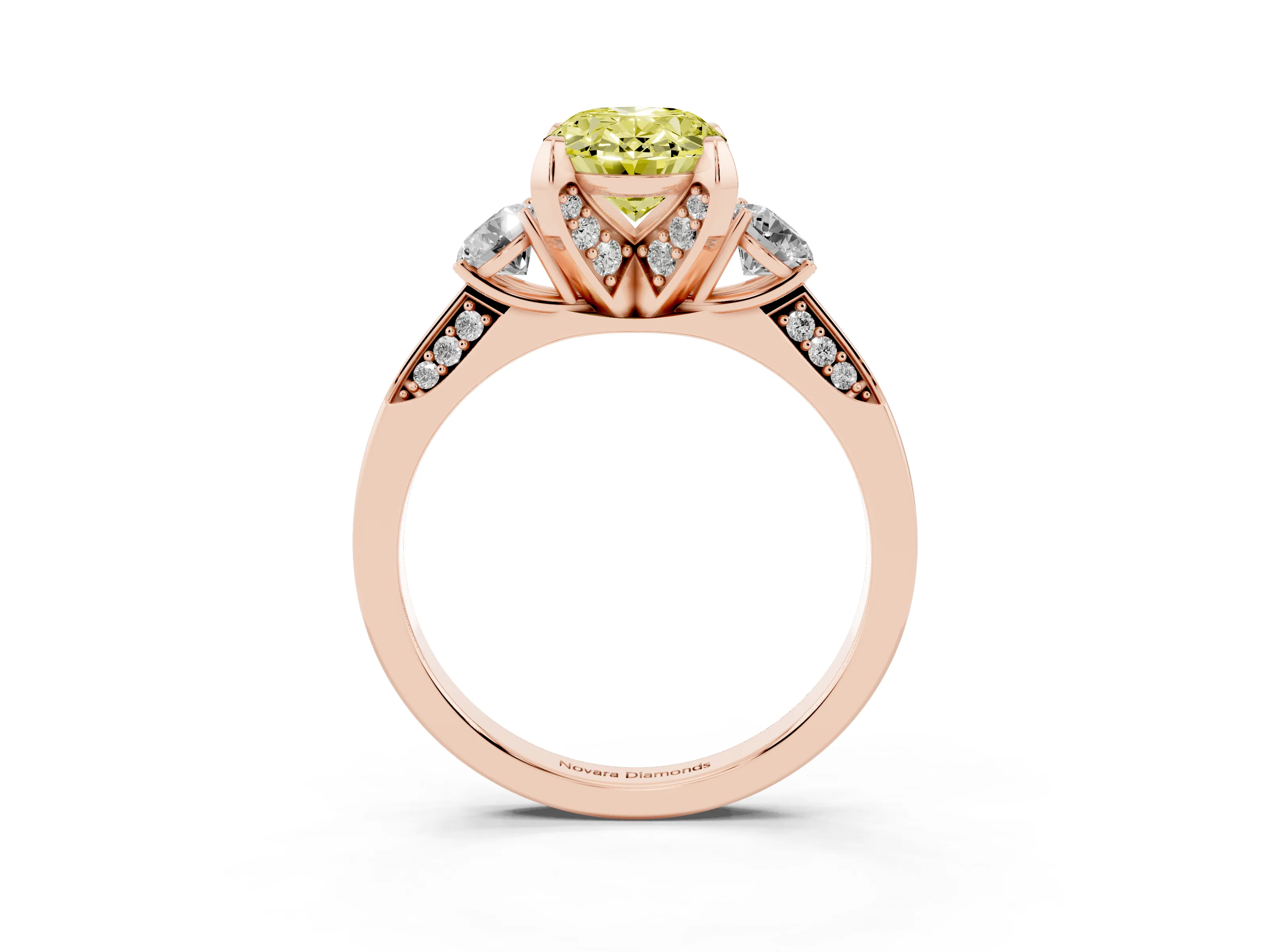 Fancy Yellow Oval Cut Diamond Three-Stone Ring Set in Rose gold with Pavé Band and Smaller Side Stones