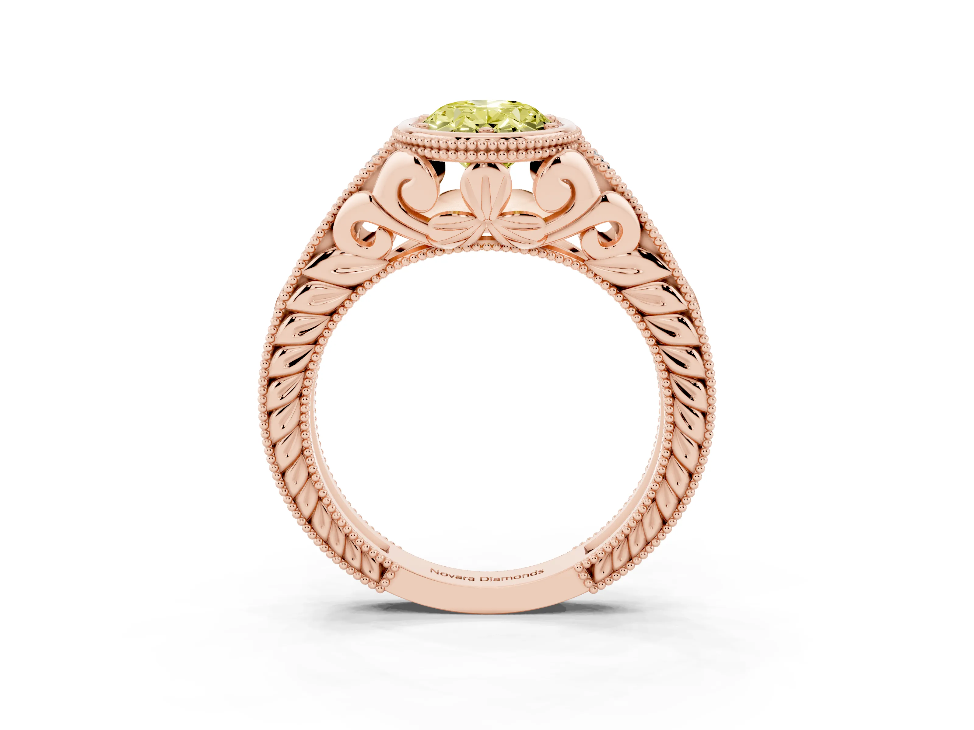 Fancy Yellow Bezel Set Oval Cut Diamond Milgrain Pavé Engagement Ring Set in Rose gold