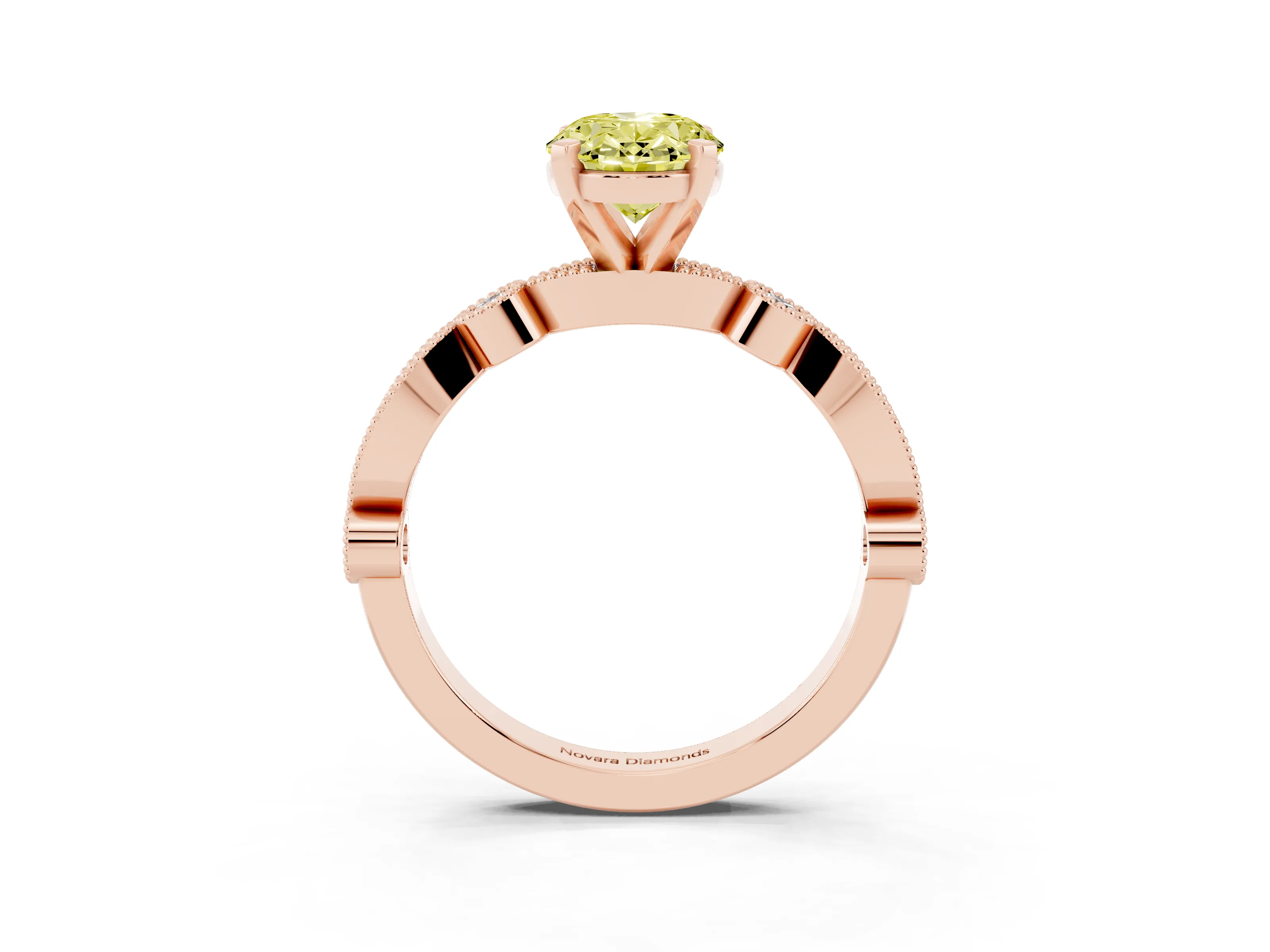 Fancy Yellow Oval Cut Diamond Solitaire Engagement Ring Set in Rose gold with Milgrain Bezel Accent Band