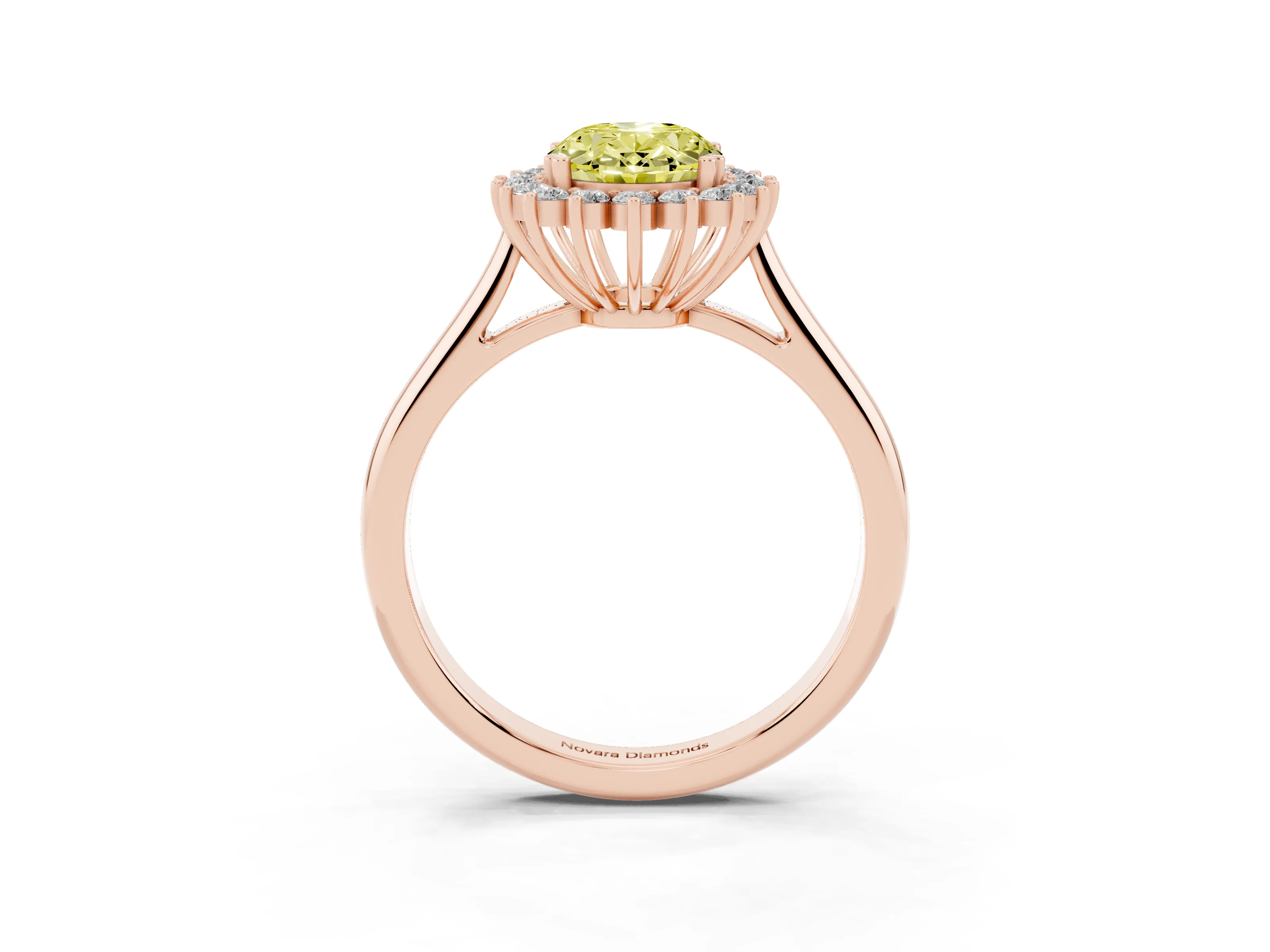 Fancy Yellow Oval Cut Diamond Halo Ring Set in Rose gold with Plain Solitaire Band and Prong Setting