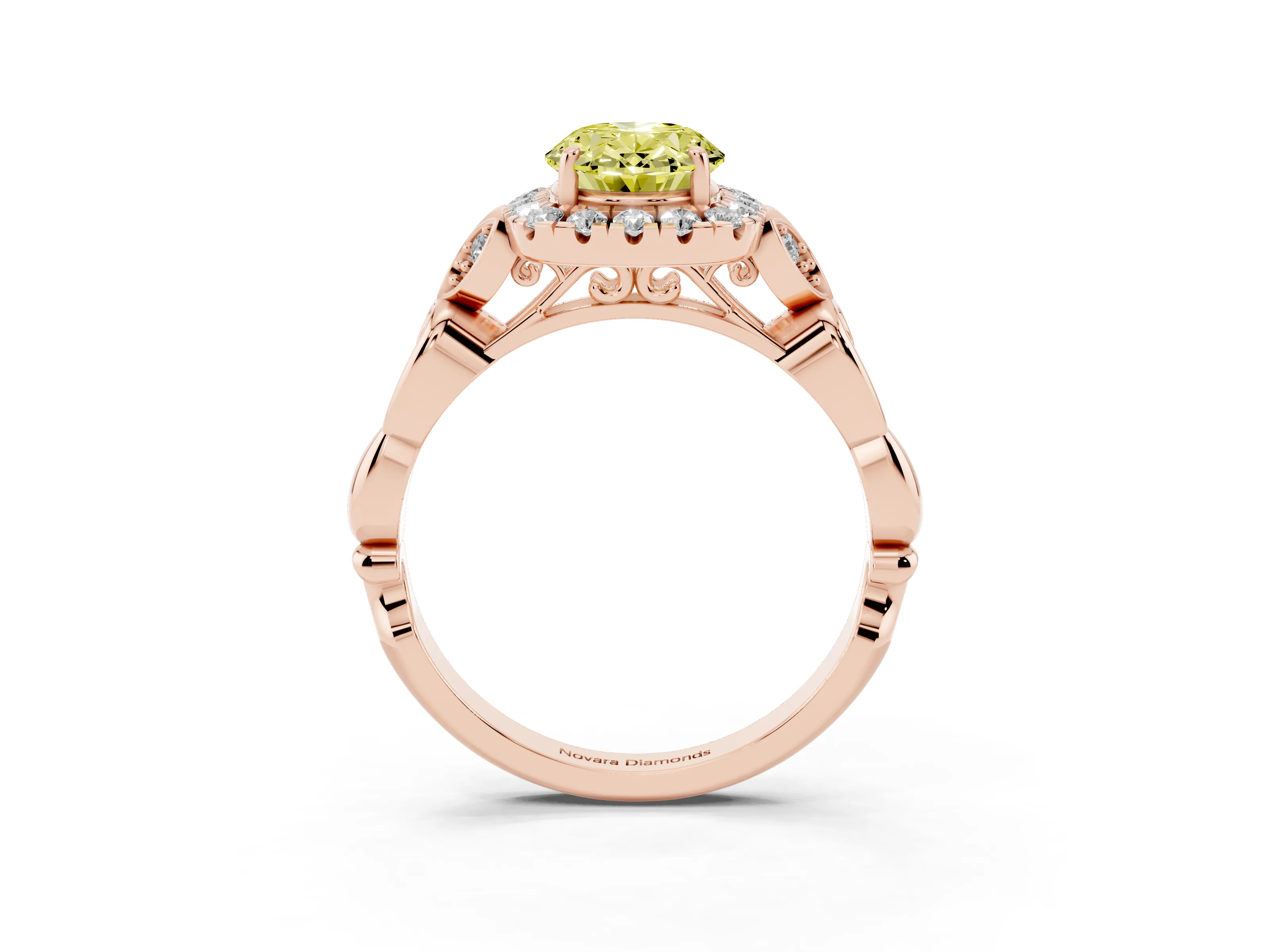 Fancy Yellow Oval Cut Diamond Halo Engagement Ring Set in Rose gold with Vintage-Inspired Band and Prong Setting