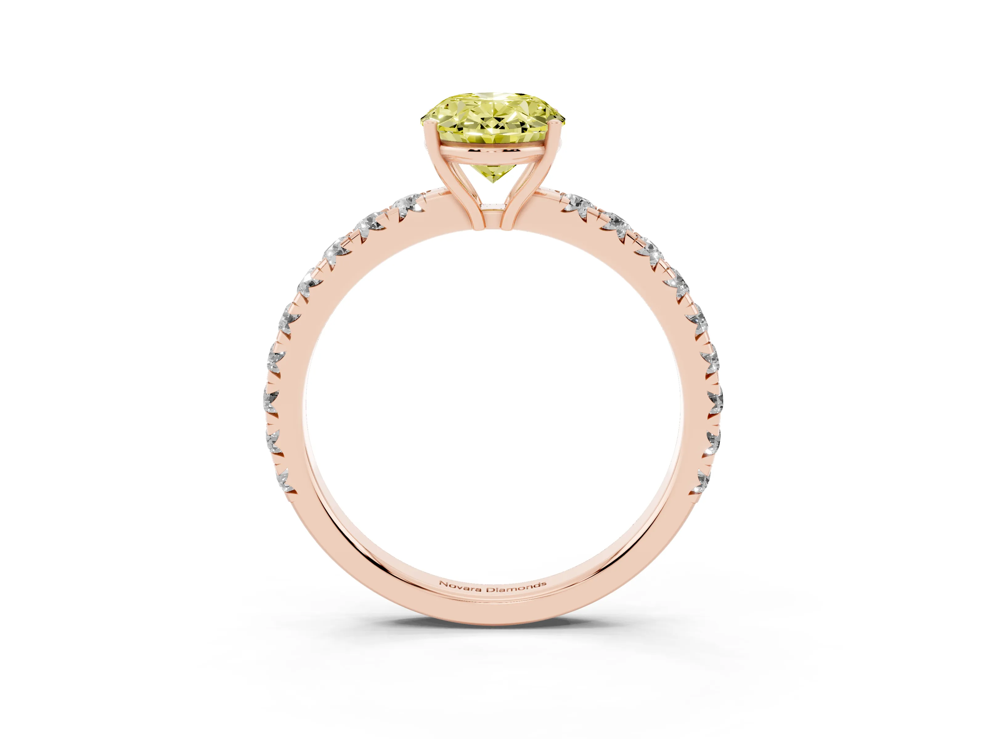 Fancy Yellow Oval Cut Diamond Pavé Solitaire Engagement Ring Set in Rose gold with Prong Setting