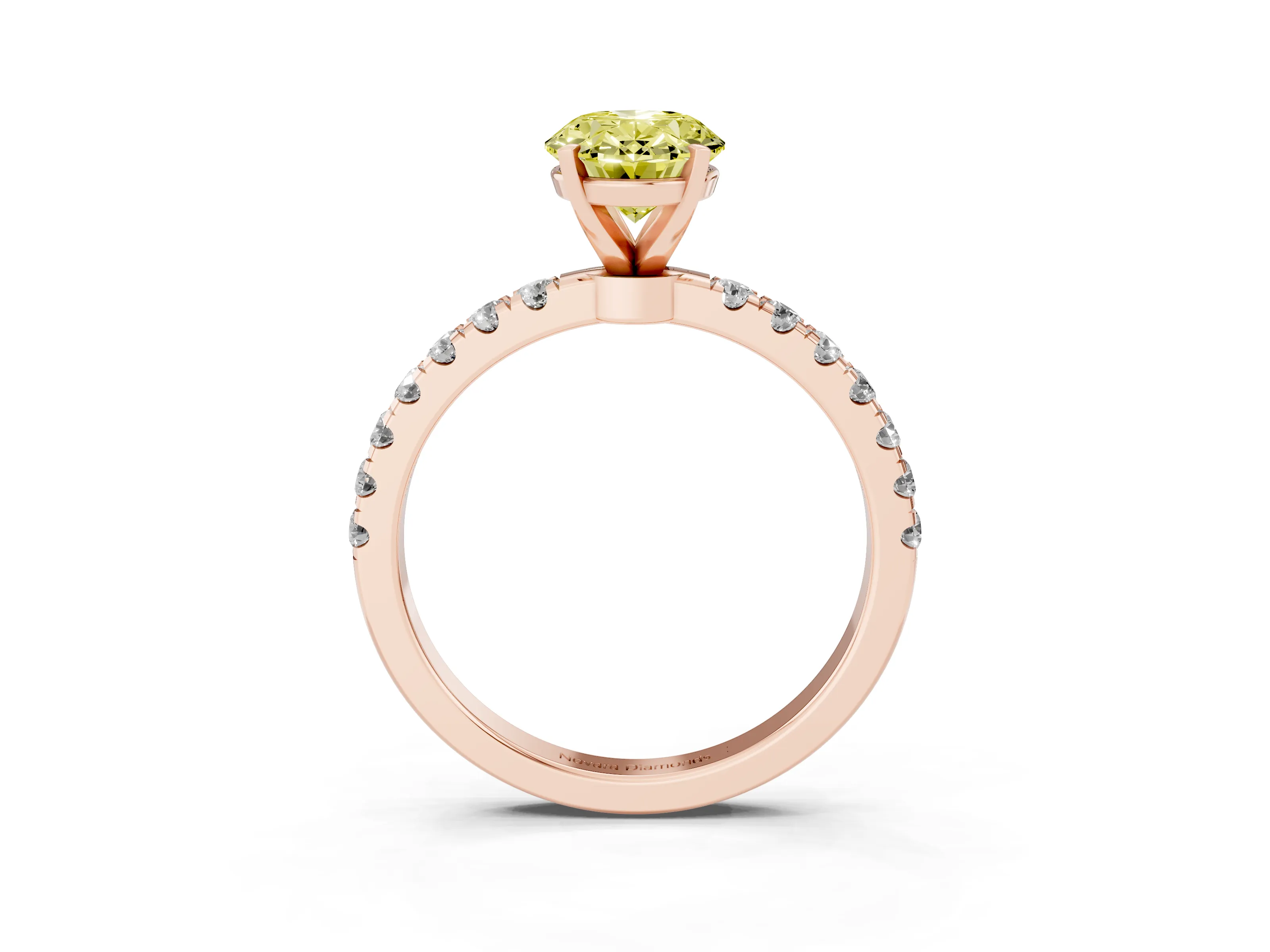 Fancy Yellow Oval Cut Diamond Solitaire Ring Set in Rose gold with Pavé Accents and Prong Setting