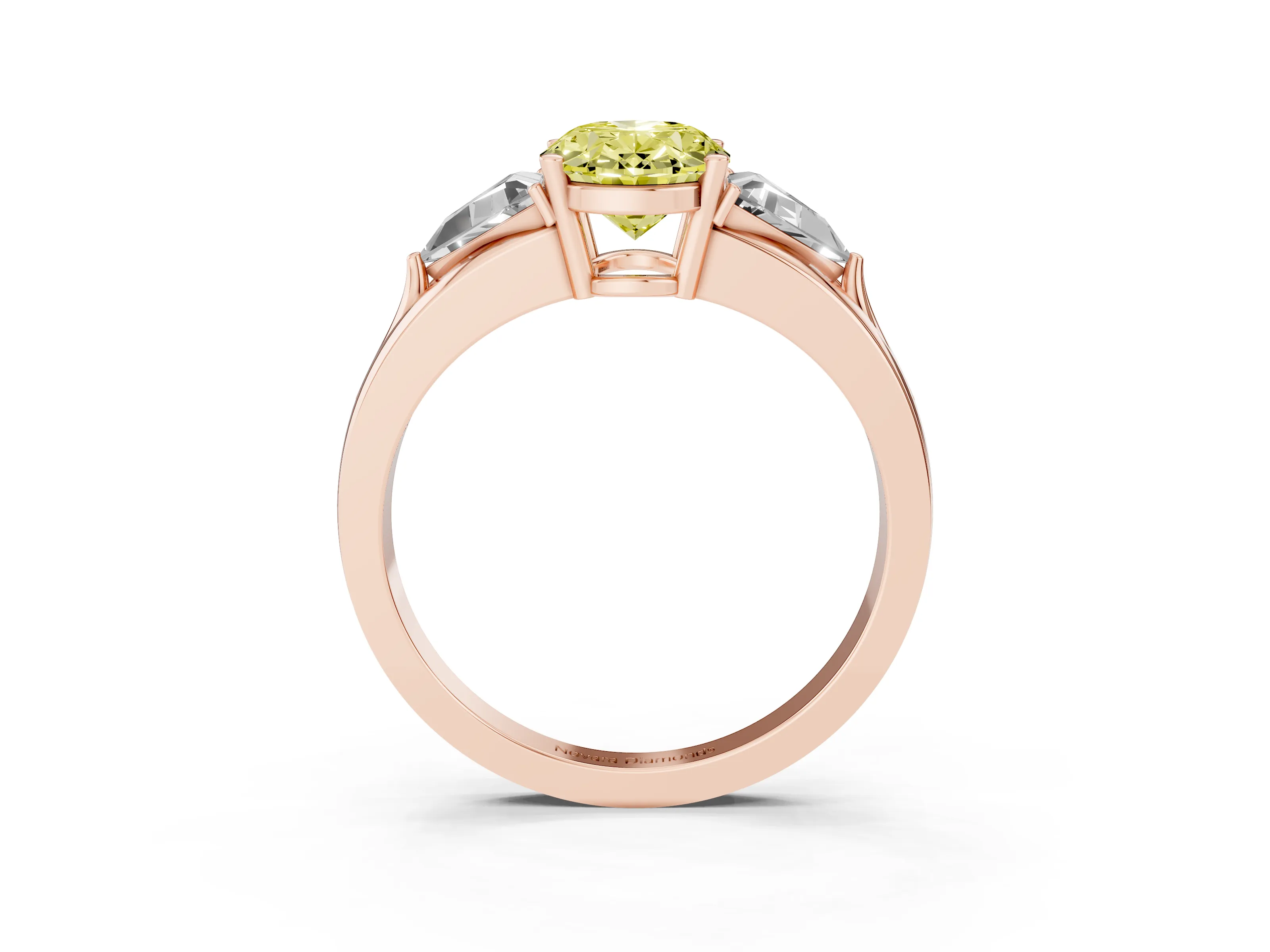 Fancy Yellow Oval Cut Diamond Three-Stone Ring Set in Rose gold with Trillion Side Stones and Split Shank