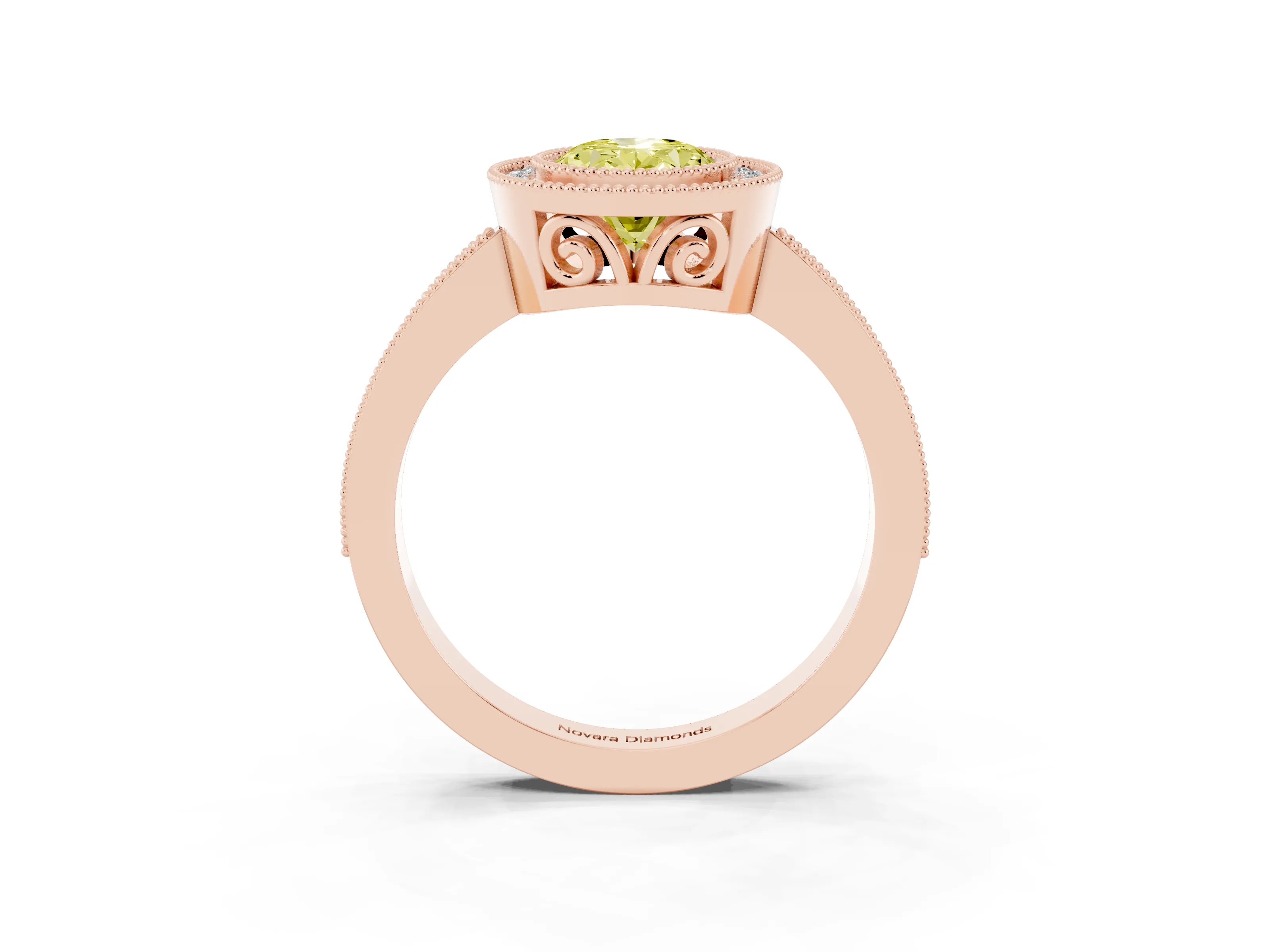 Fancy Yellow Oval Cut Diamond Halo Ring Set in Rose gold with Pavé Band and Milgrain-Edged Prongs