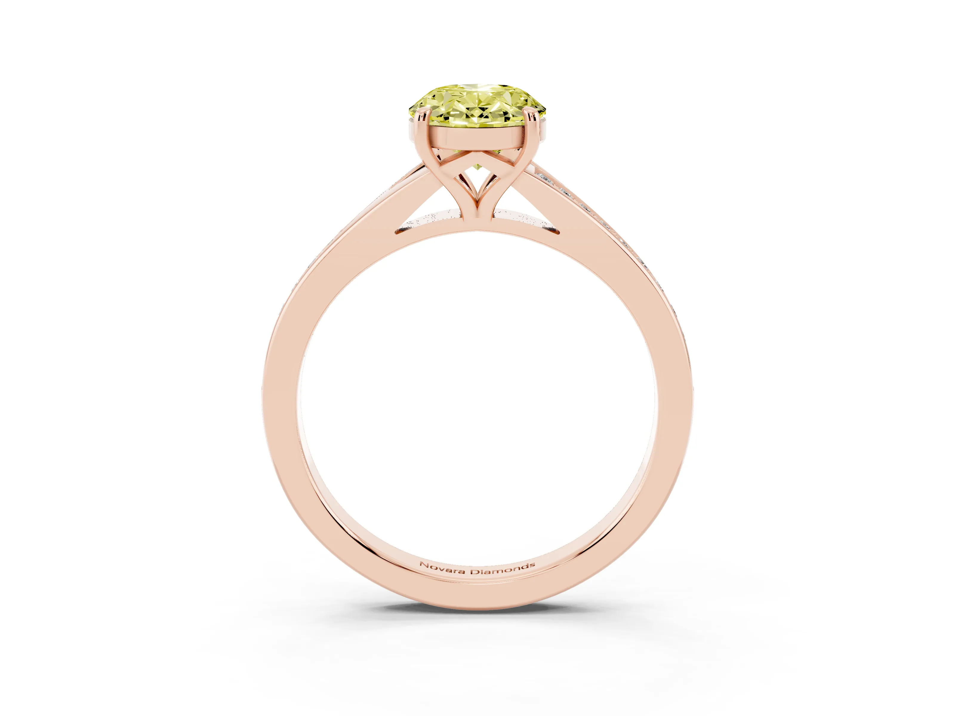 Fancy Yellow Oval Cut Diamond Solitaire Ring Set in Rose gold with Pavé Accent Band and Classic Prong Setting