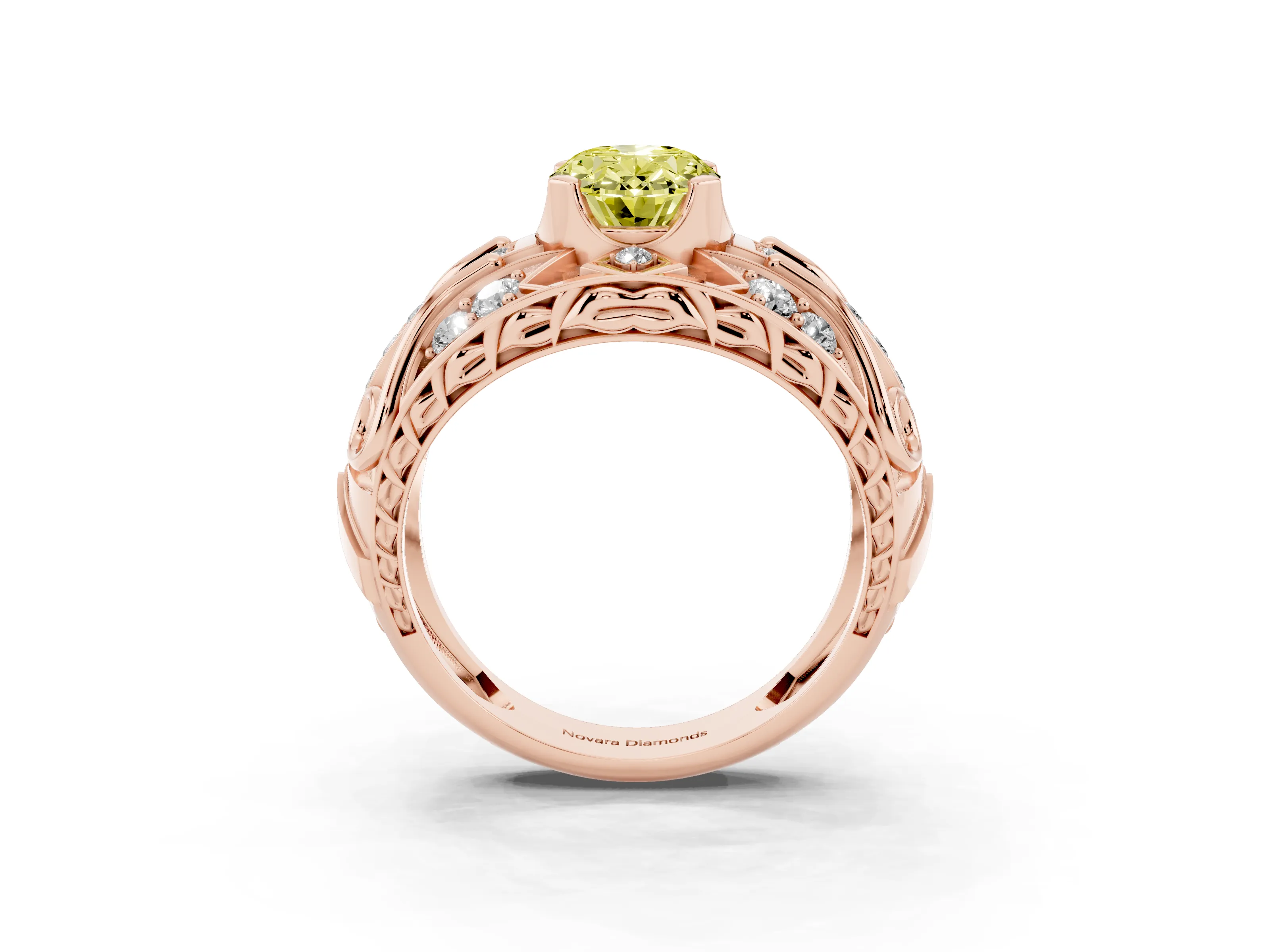 Fancy Yellow Oval Cut Diamond Art Deco Ring Set in Rose gold with Pavé Split Shank
