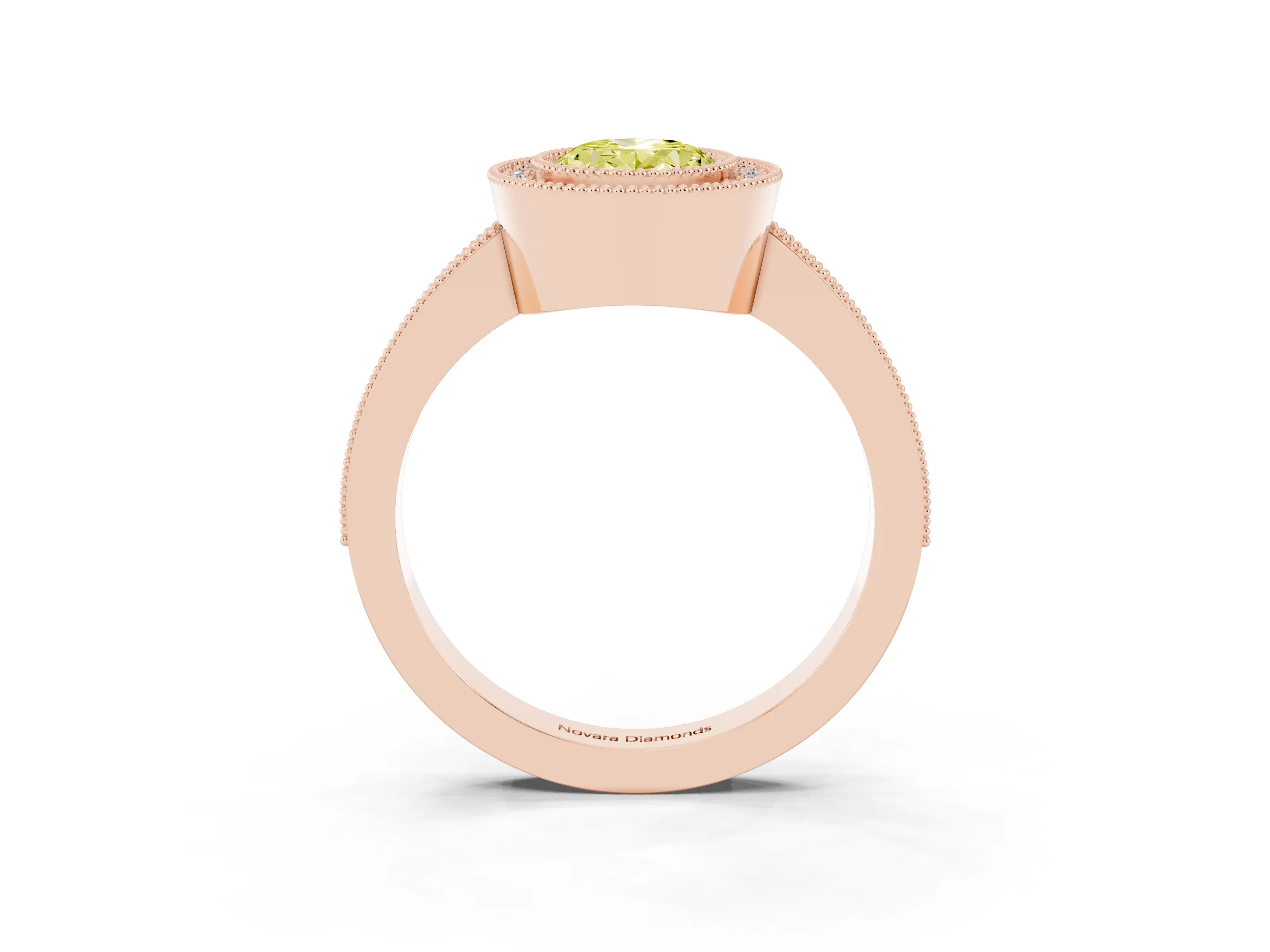 Fancy Yellow Oval Cut Diamond Halo Engagement Ring Set in Rose gold with Pavé Band and Round Halo Stones