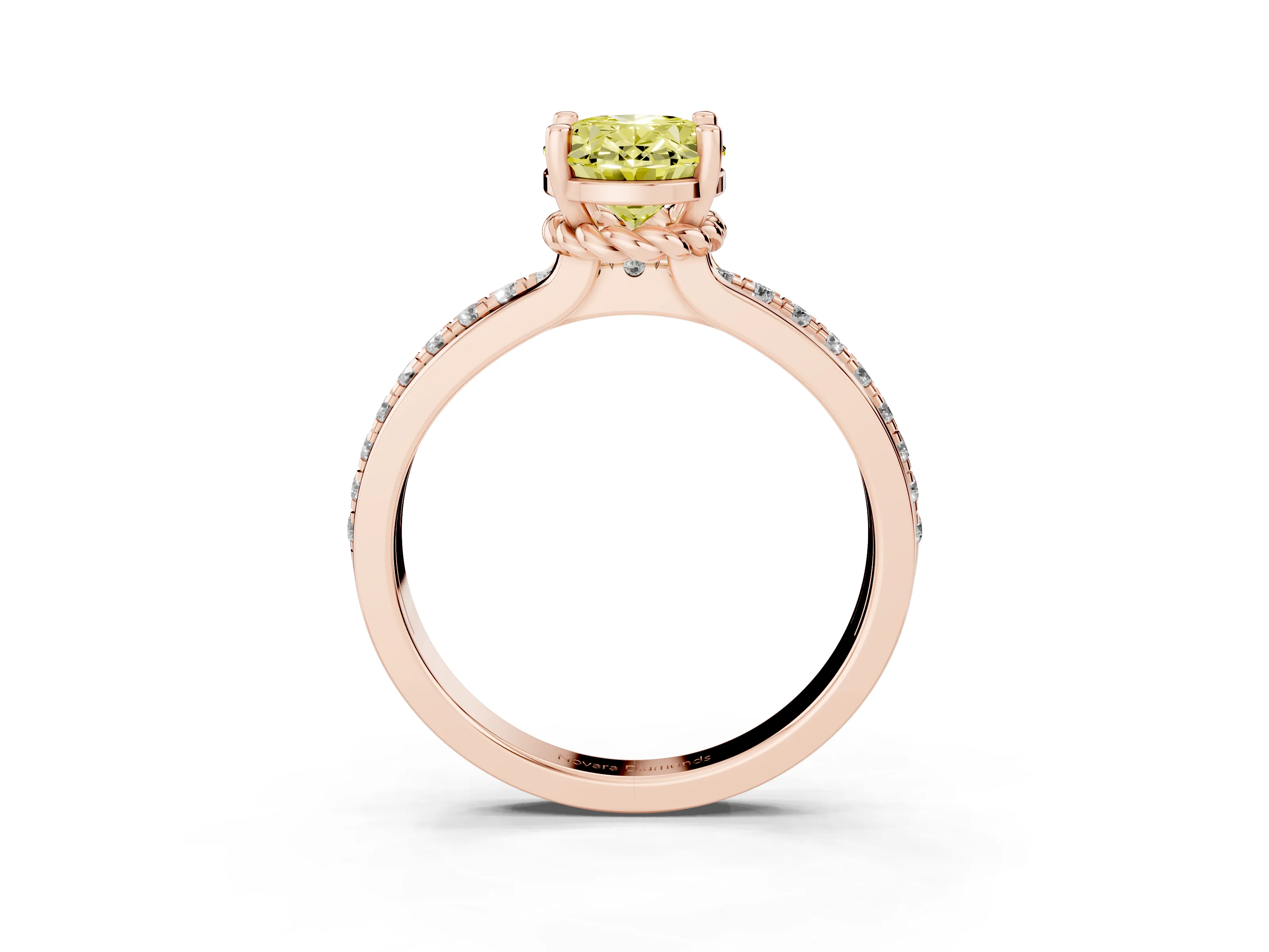 Fancy Yellow Oval Cut Diamond Solitaire Ring Set in Rose gold with Channel Set Band and Prong Setting