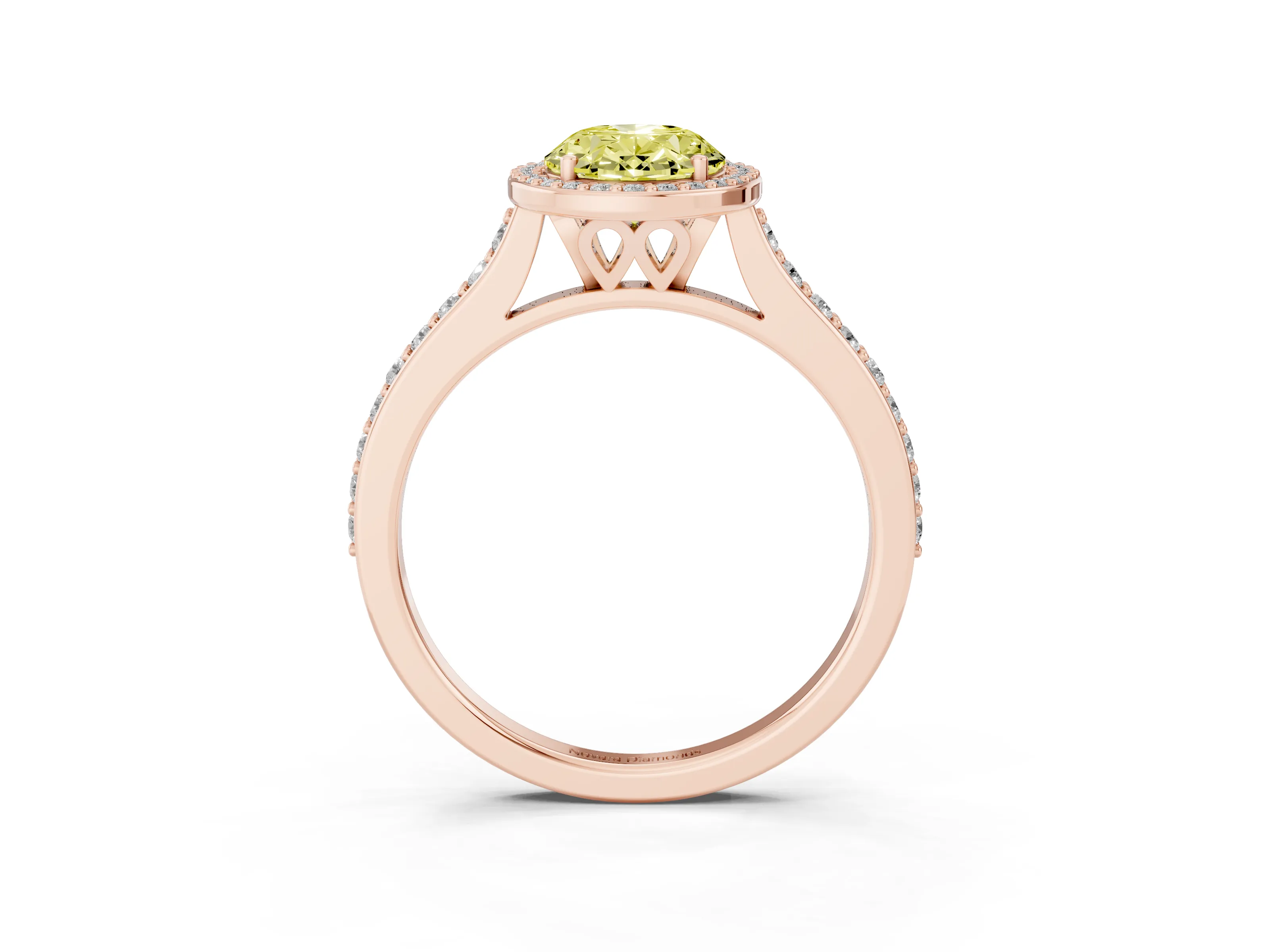 Fancy Yellow Oval Cut Diamond Halo Engagement Ring Set in Rose gold with Round Pavé Shoulders and Heart Gallery