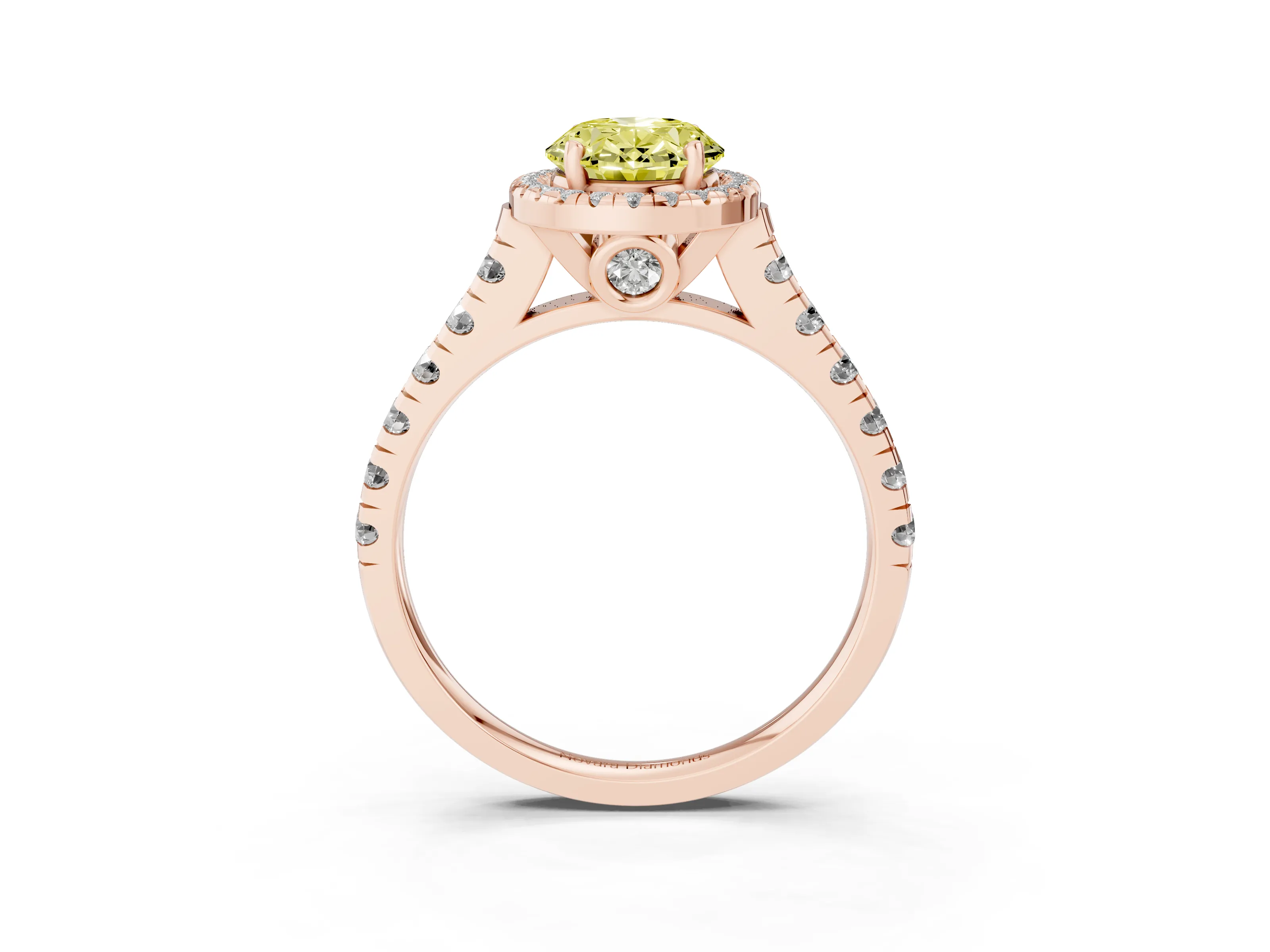 Fancy Yellow Oval Cut Diamond Halo Engagement Ring Set in Rose gold with Pavé Band and Prong-Set Center