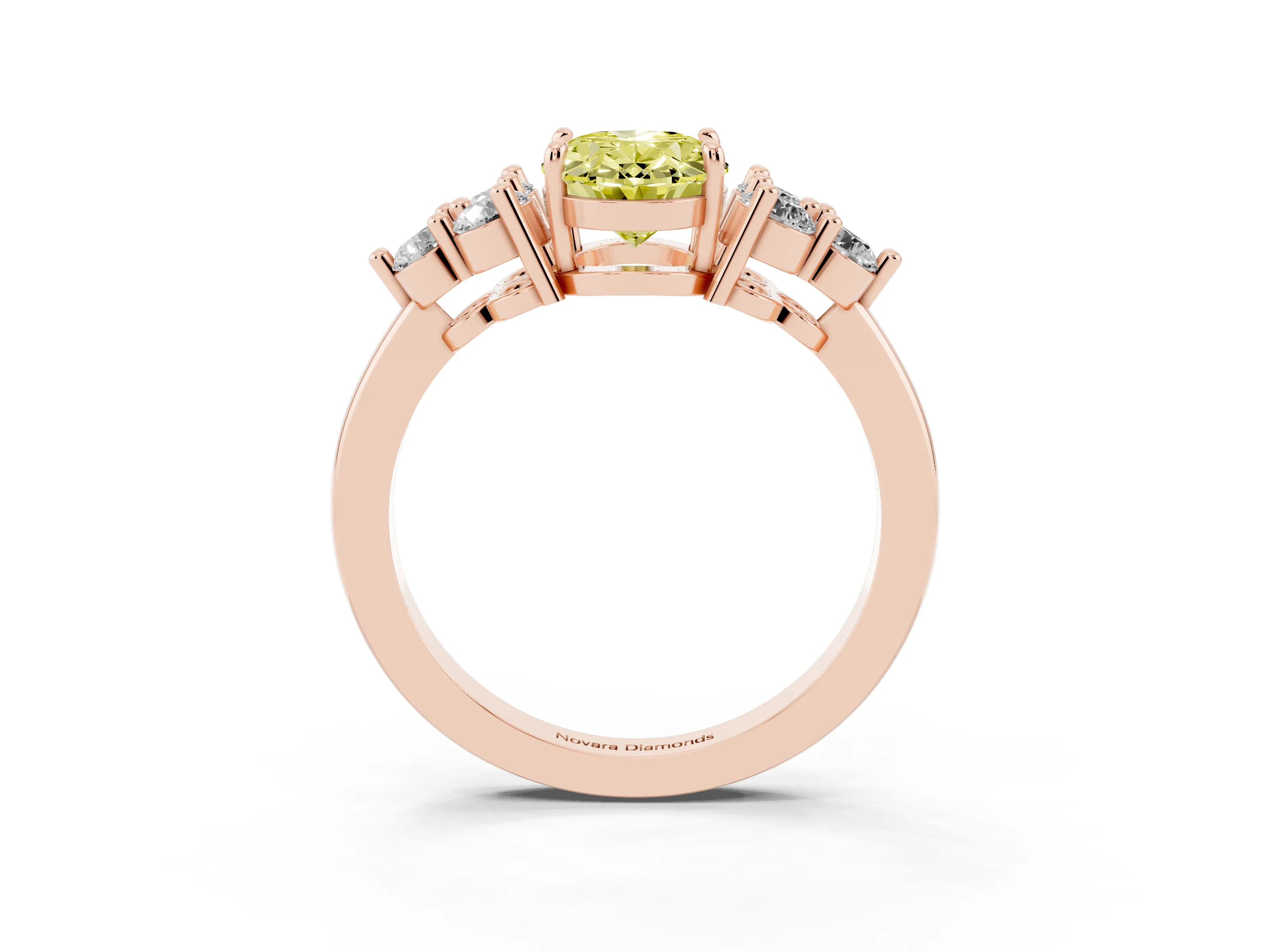 Fancy Yellow Oval Cut Diamond Solitaire Ring Set in Rose gold with Cluster Accents on Each Side