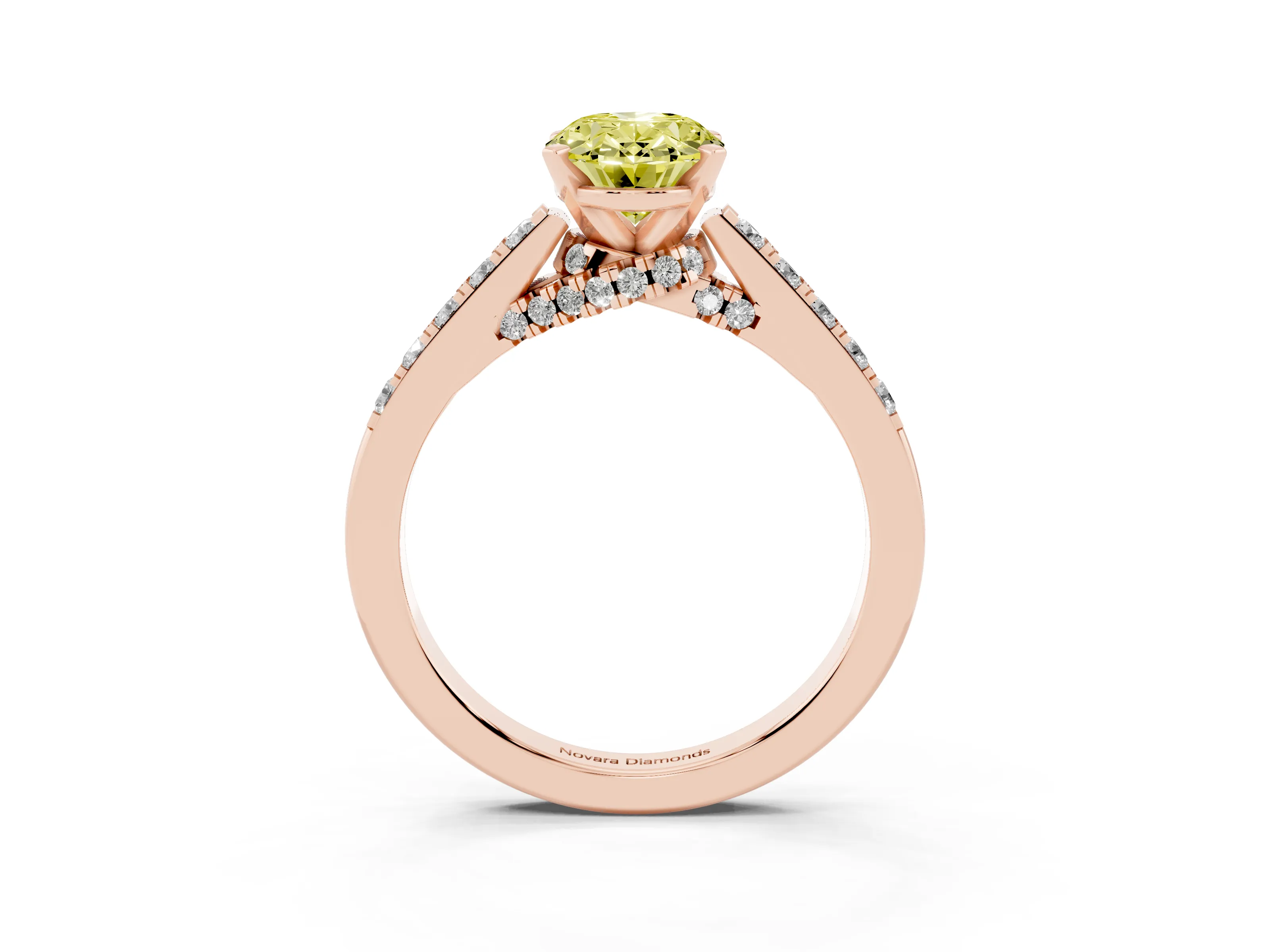 Fancy Yellow Oval Cut Diamond Solitaire Ring Set in Rose gold with Crossover Gallery and Round Pavé Band