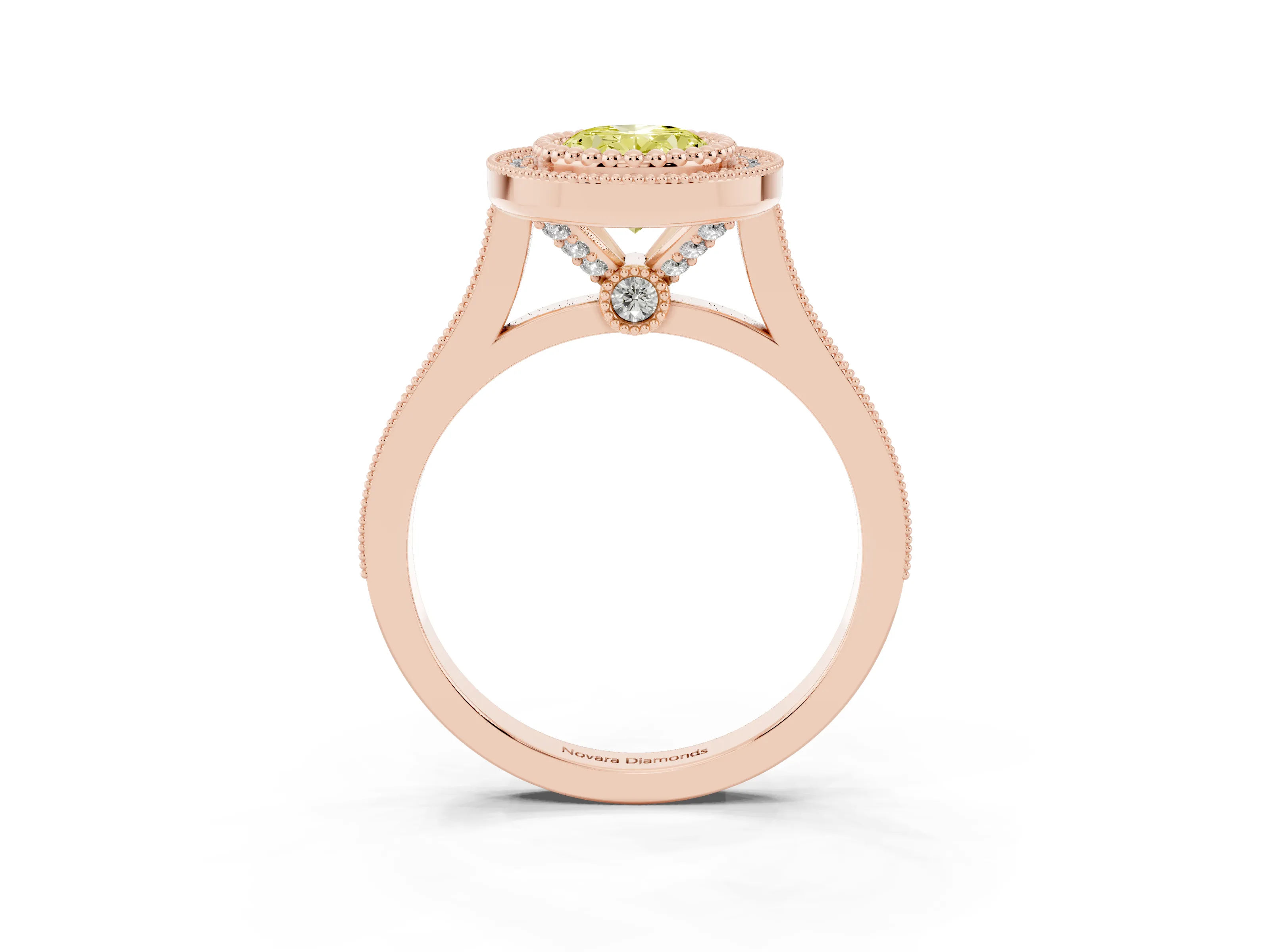 Fancy Yellow Oval Cut Diamond Halo Ring Set in Rose gold with Milgrain Frame and Pavé Band