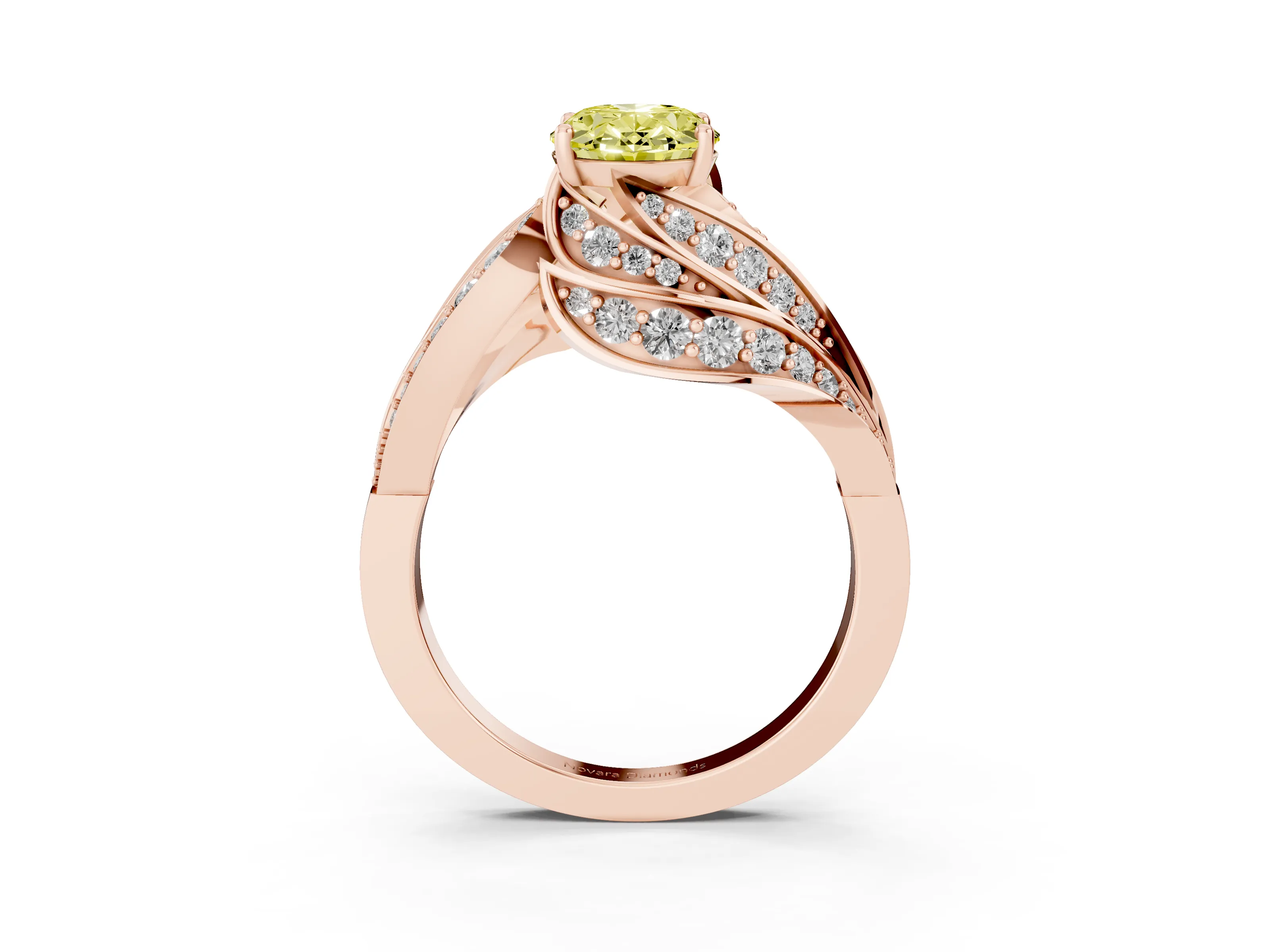 Fancy Yellow Oval Cut Diamond Solitaire Ring Set in Rose gold with Layered Twist Pavé Band
