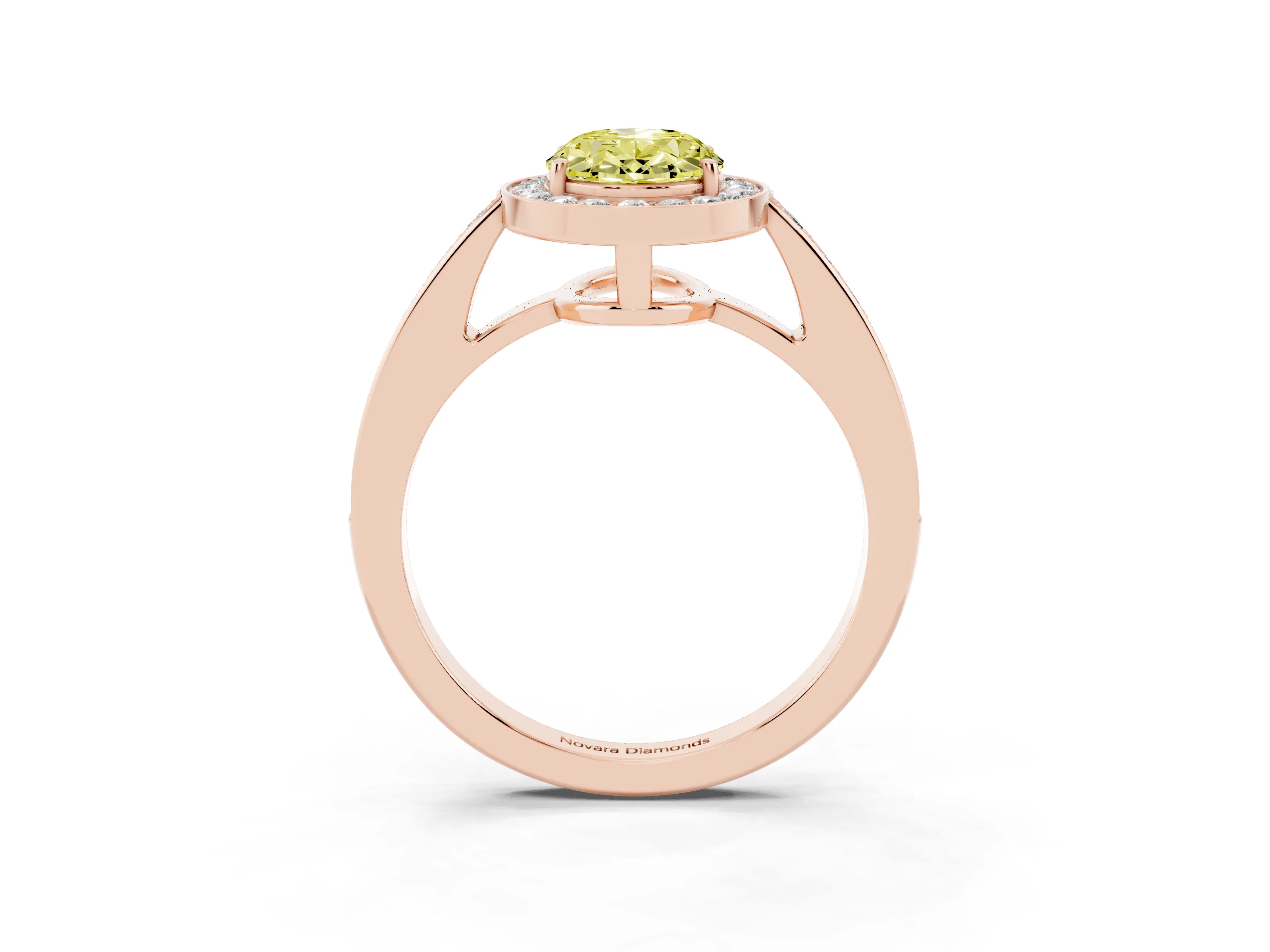 Fancy Yellow Oval Cut Diamond Halo Pavé Engagement Ring Set in Rose gold with Bezel Setting
