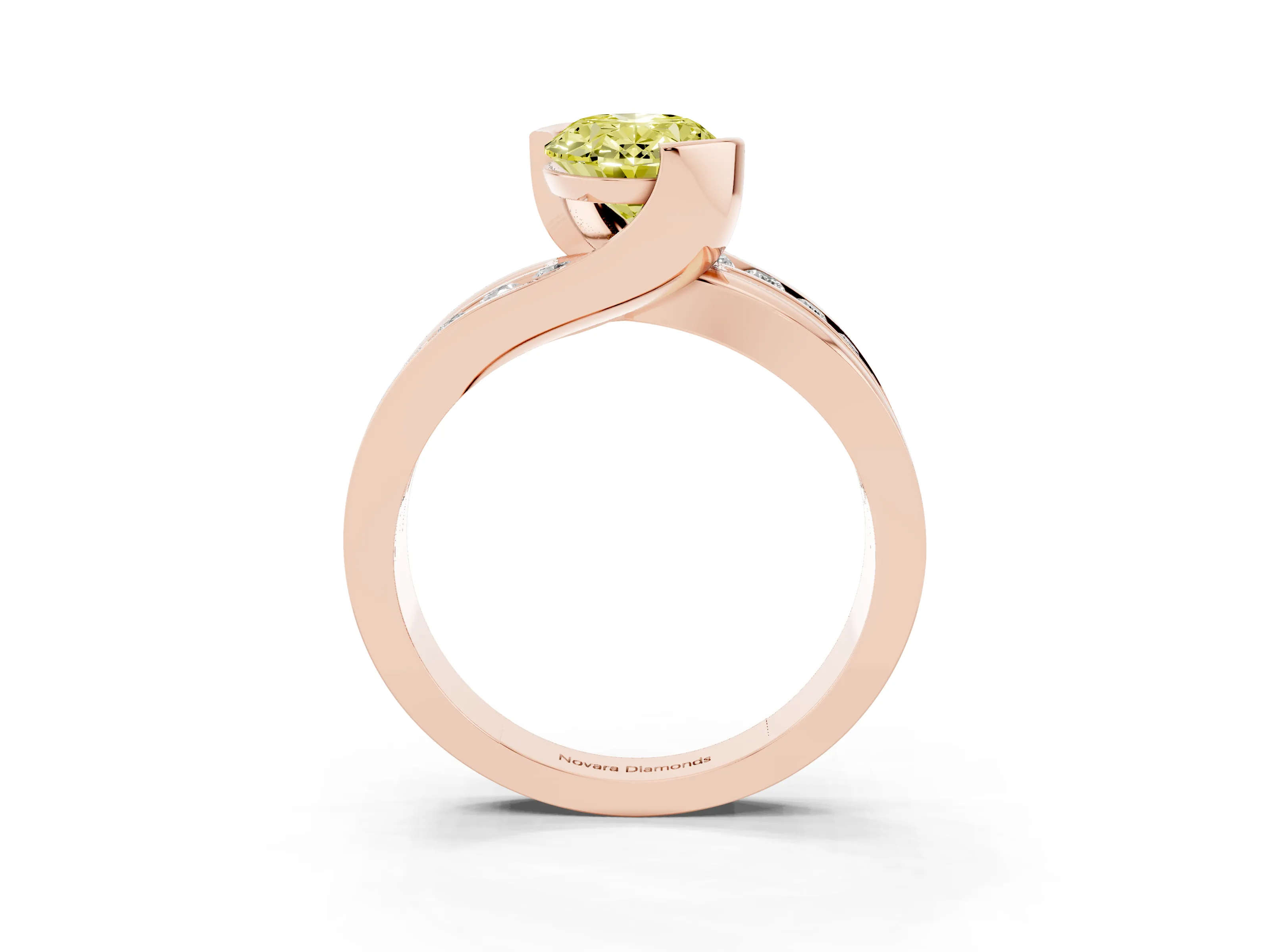Fancy Yellow Oval Cut Diamond Solitaire Ring Set in Rose gold with Channel Set Split Shank and Tension Prongs