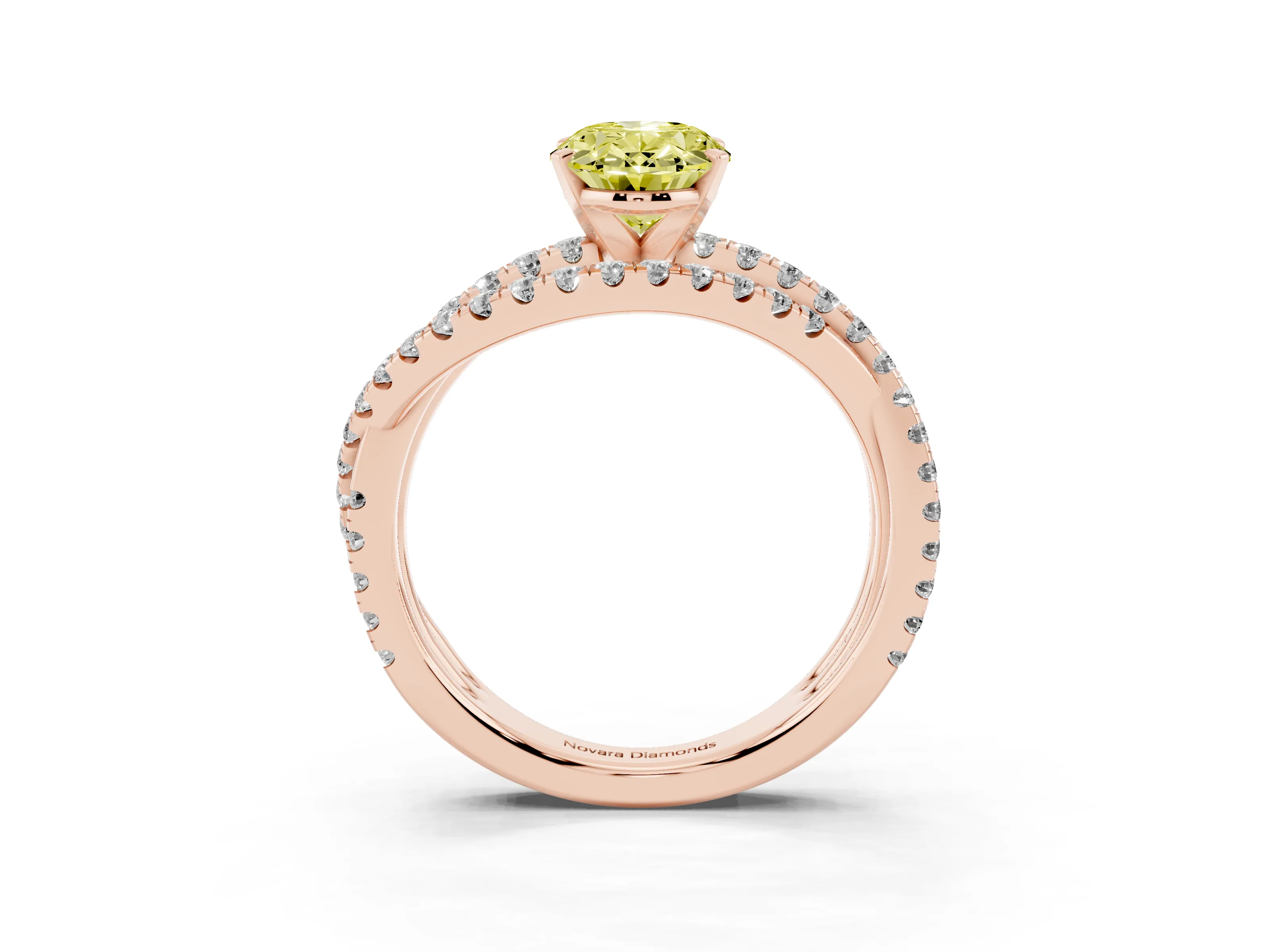 Fancy Yellow Oval Cut Diamond Solitaire Twist Band Ring Set in Rose gold with Pavé Setting and Prong Head
