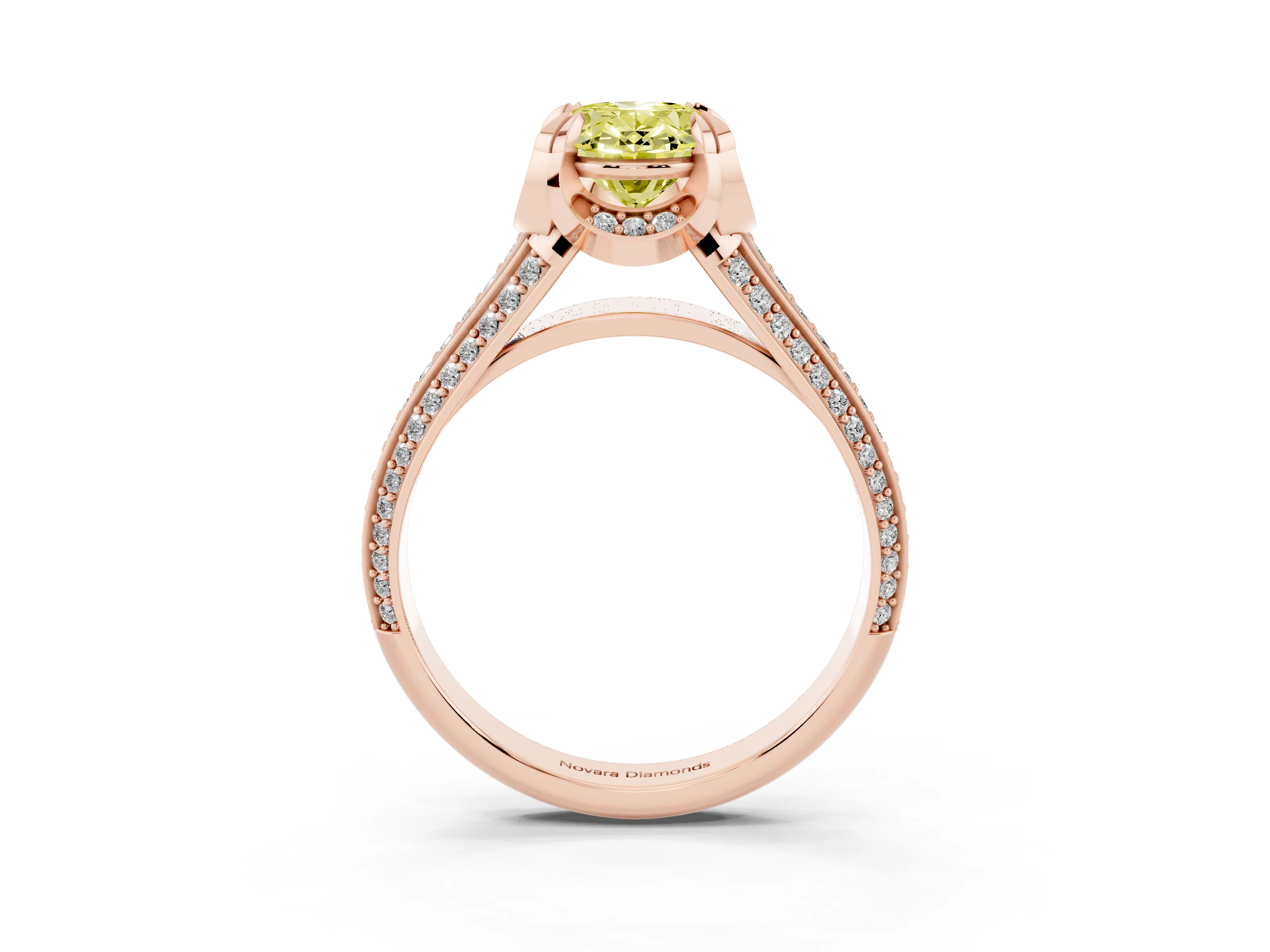 Fancy Yellow Oval Cut Diamond Pavé Split Shank Solitaire Ring Set in Rose gold with Prong Setting