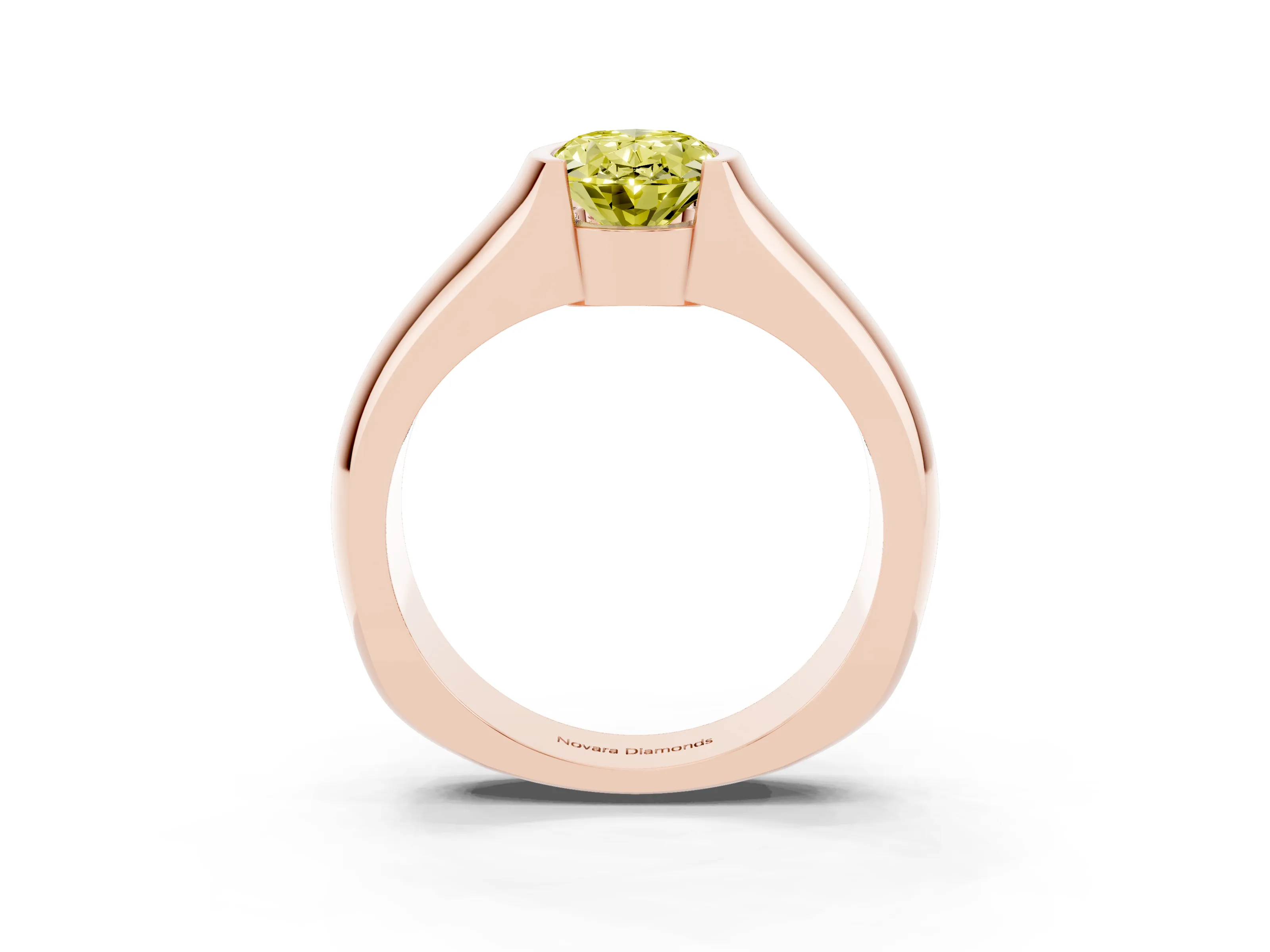 Fancy Yellow Oval Cut Diamond Bezel Solitaire Ring Set in Rose gold with Wide Band