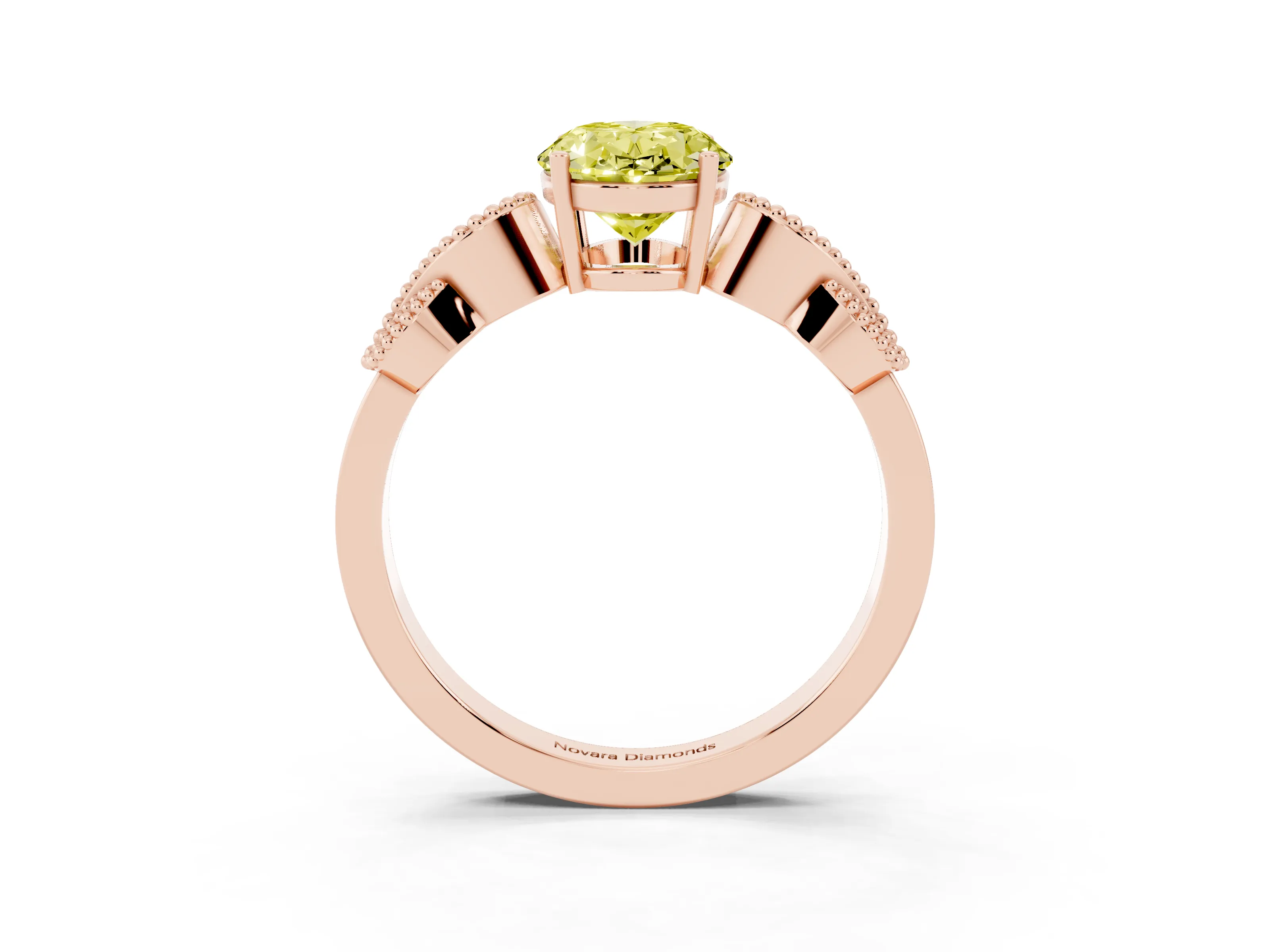 Fancy Yellow Oval Cut Diamond Milgrain Leaf Band Solitaire Ring Set in Rose gold with Accent Stones and Prong Setting