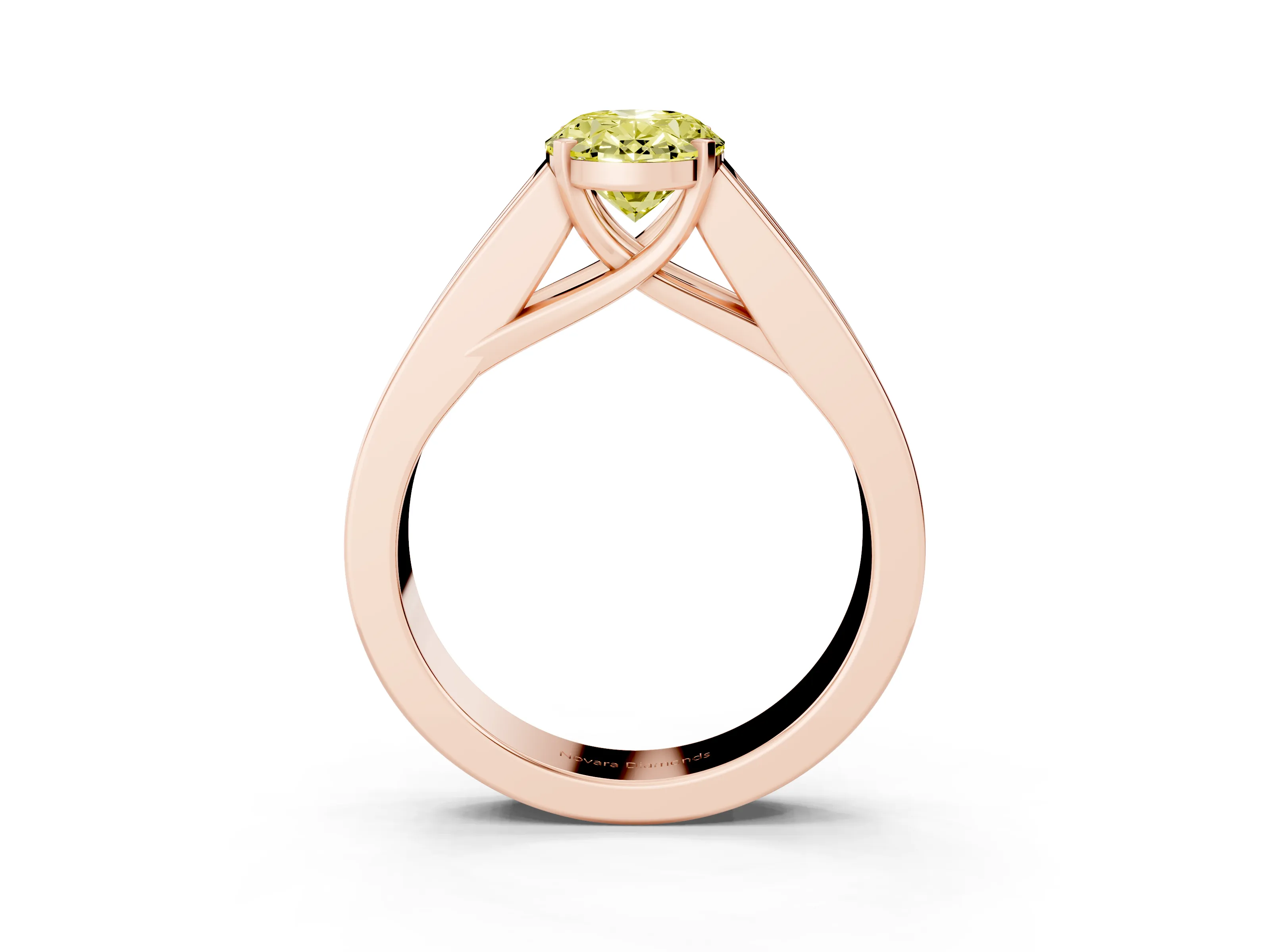 Fancy Yellow Oval Cut Diamond Solitaire Ring Set in Rose gold with Channel-Set Accent Stones and Prong Setting