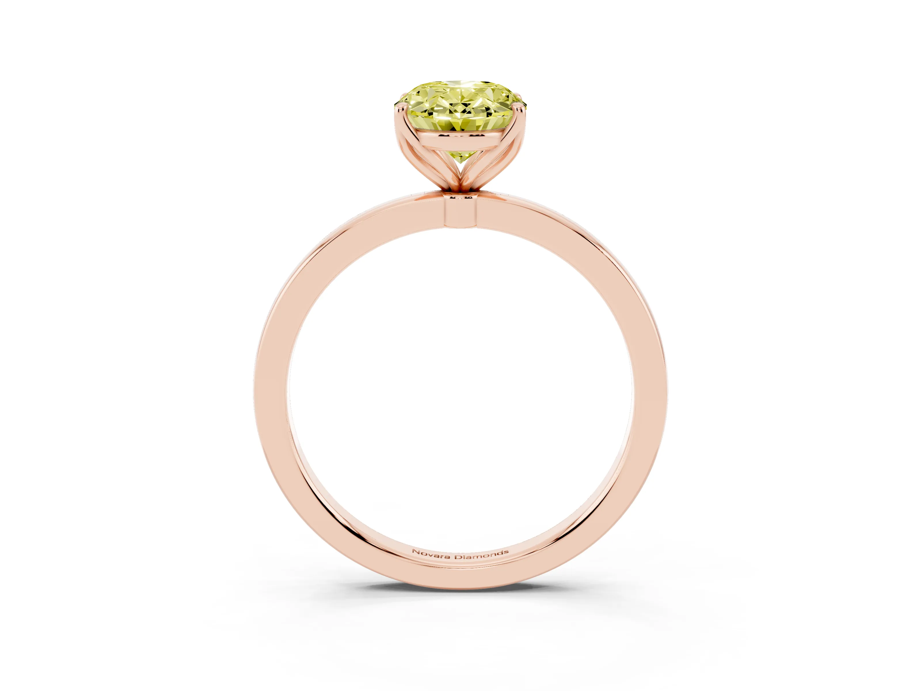 Fancy Yellow Oval Cut Diamond Solitaire Ring Set in Rose gold with Prong Setting and Thin Polished Band
