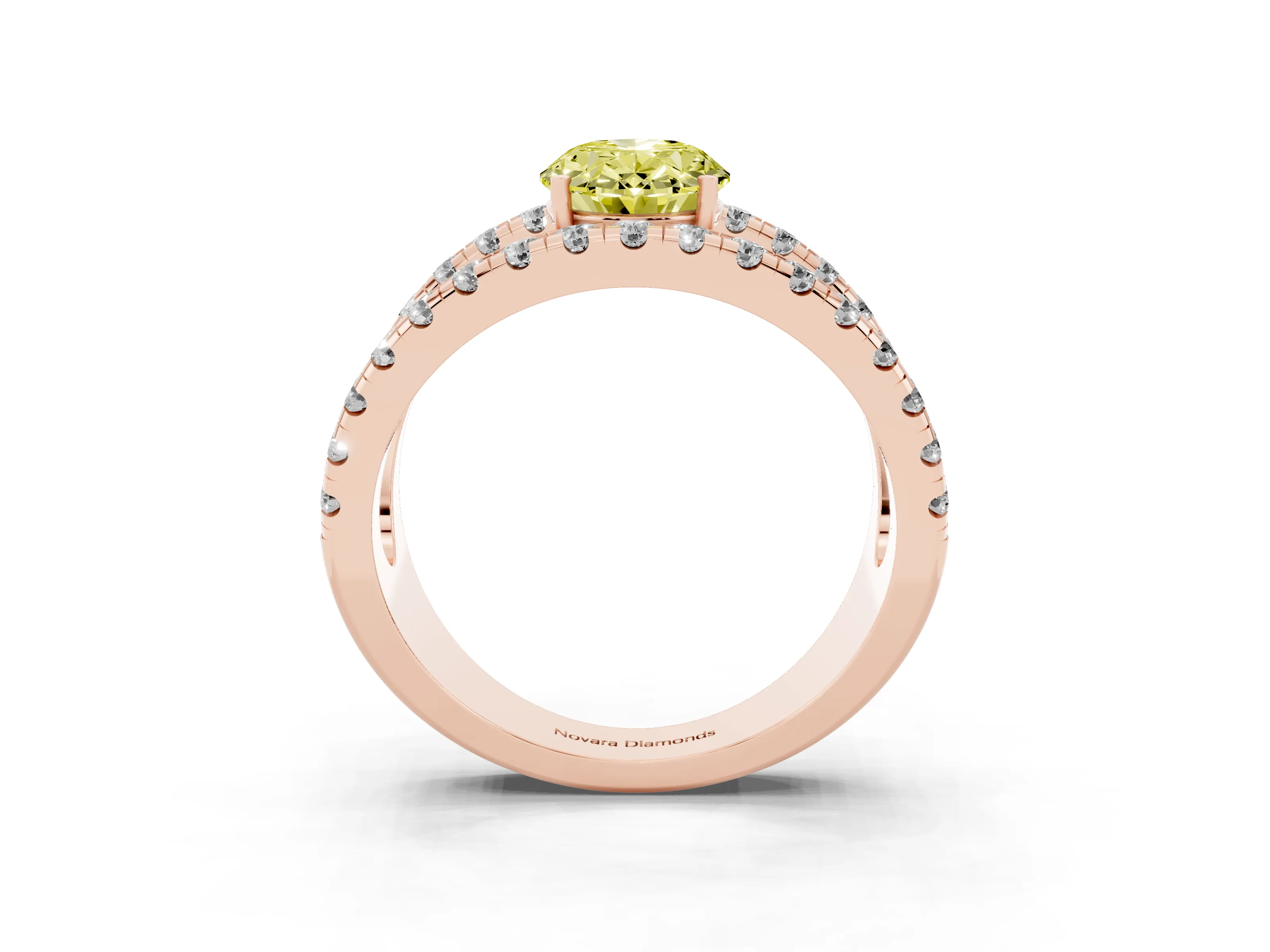 Fancy Yellow Oval Cut Diamond Split Shank Pavé Solitaire Ring Set in Rose gold with Open Shank Design